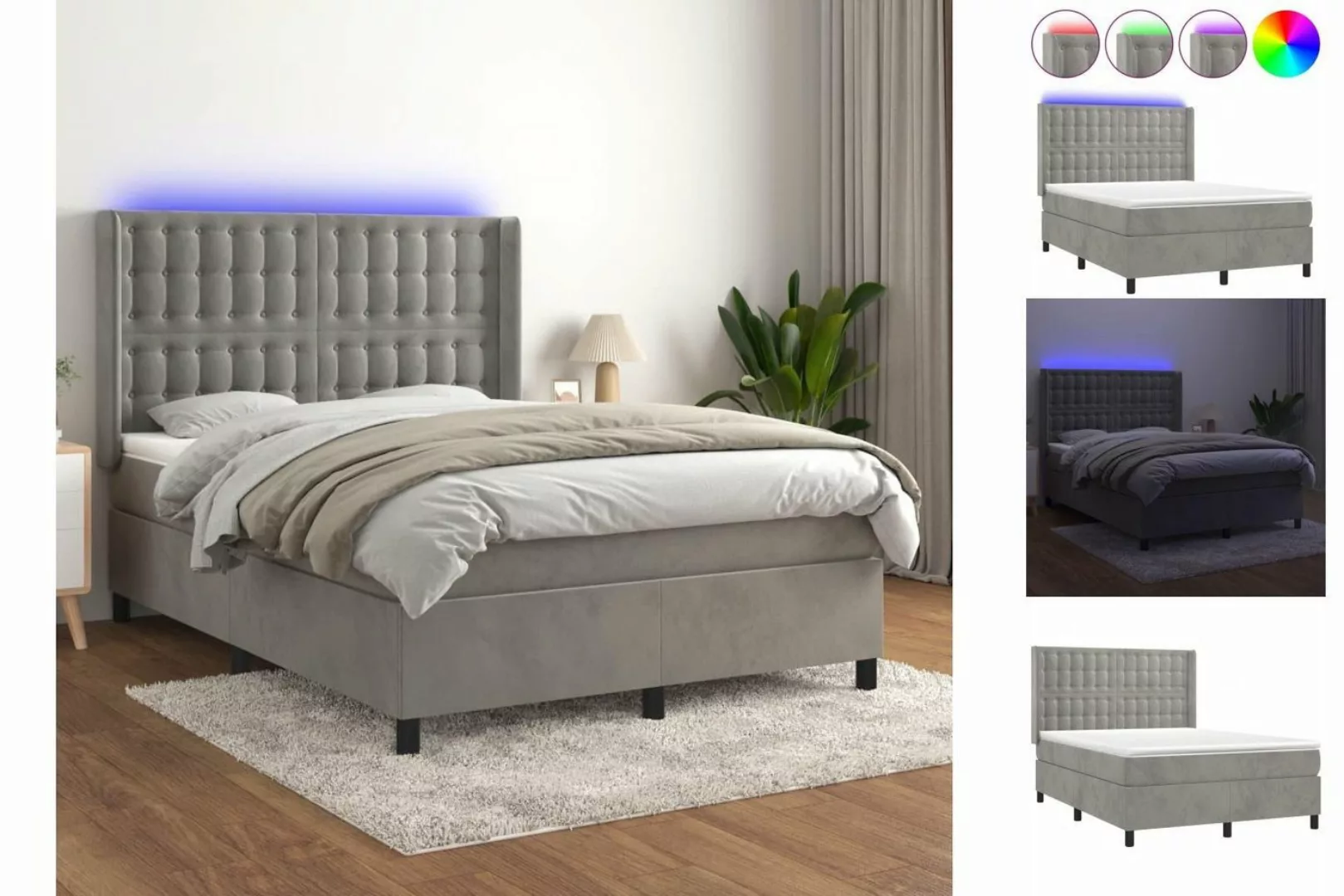 vidaXL Bettgestell Boxspringbett mit Matratze LED Hellgrau 140x200 cm Samt günstig online kaufen