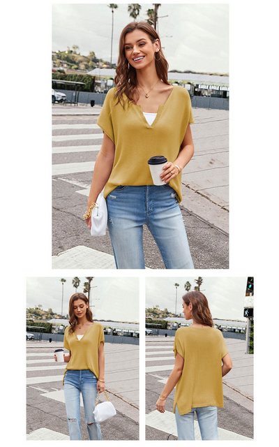 RUZU UG Blusentop Shirtbluse Lässiger Damenpullover V-Ausschnitt Kurzen Ärm günstig online kaufen