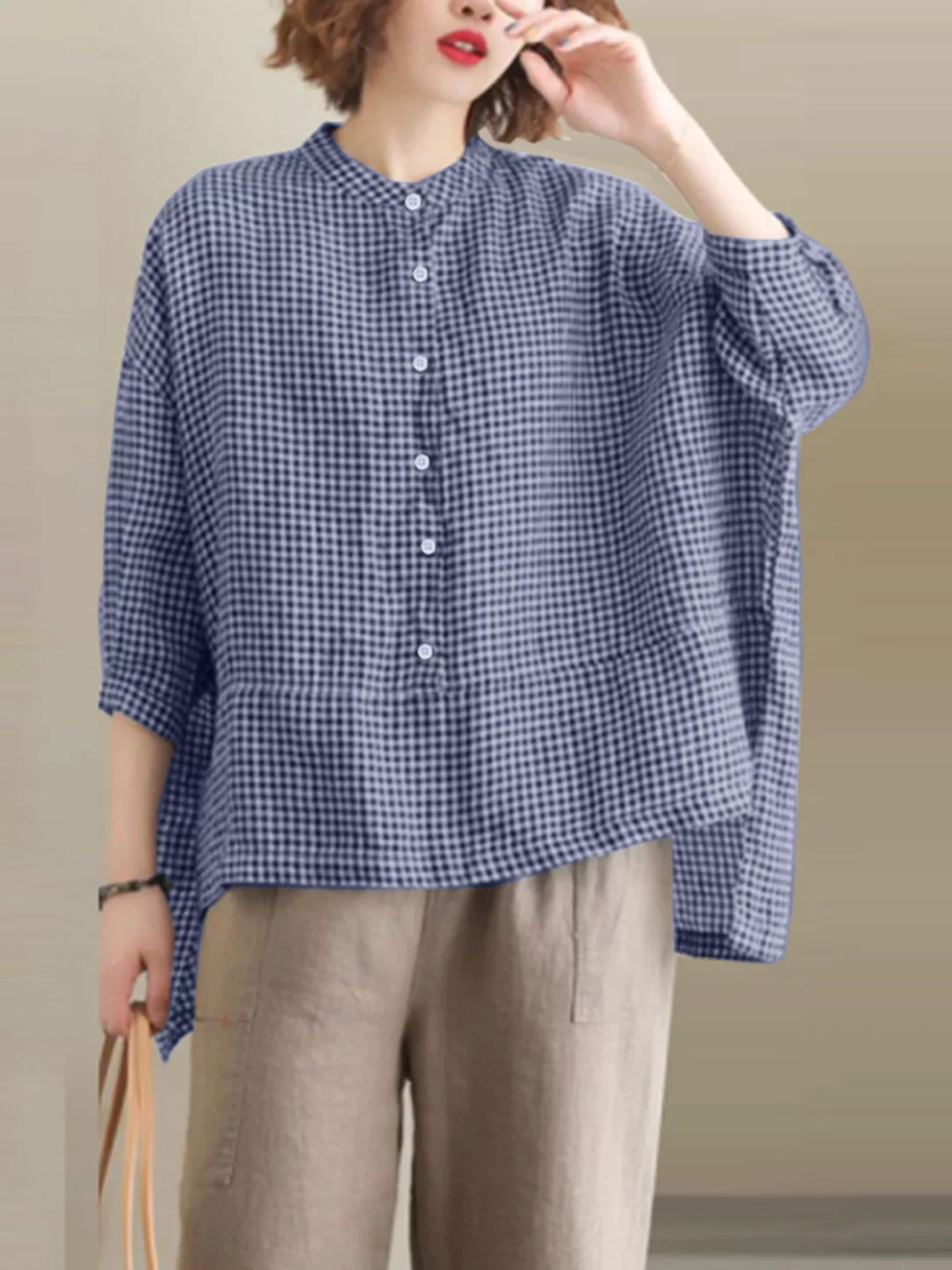 Plaid Irregular Button Plus Größe Hemd für Damen günstig online kaufen