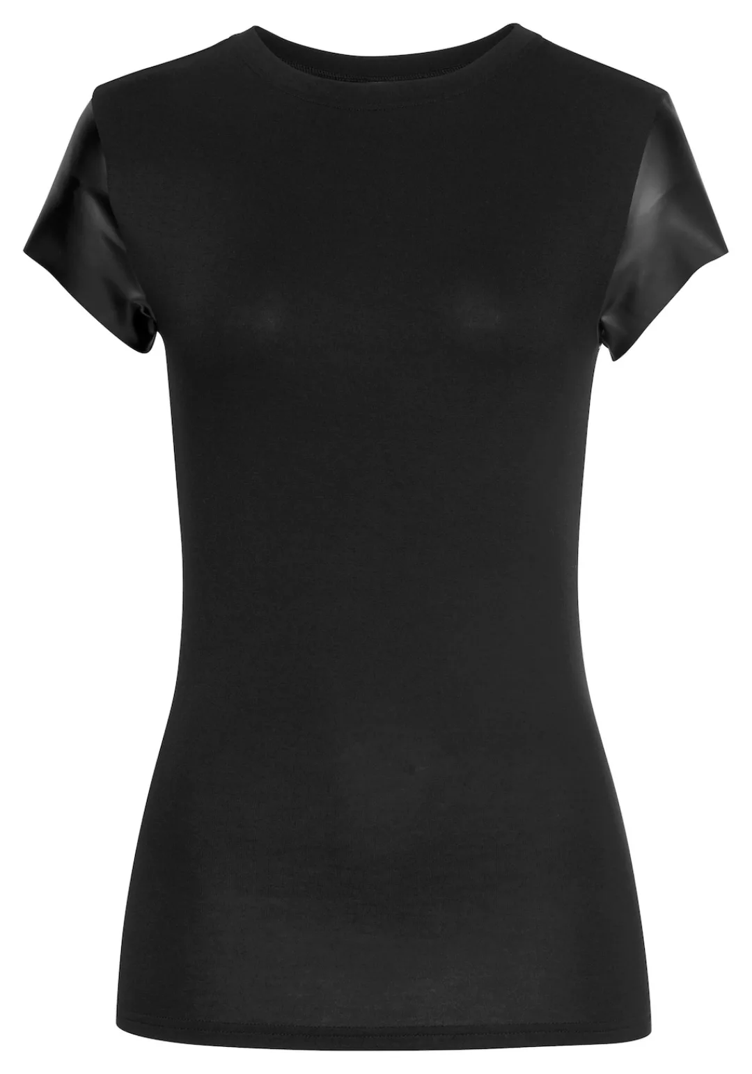 LASCANA T-Shirt, mit Lederimitatärmeln, figurbetontes Kurzarmshirt, casual- günstig online kaufen