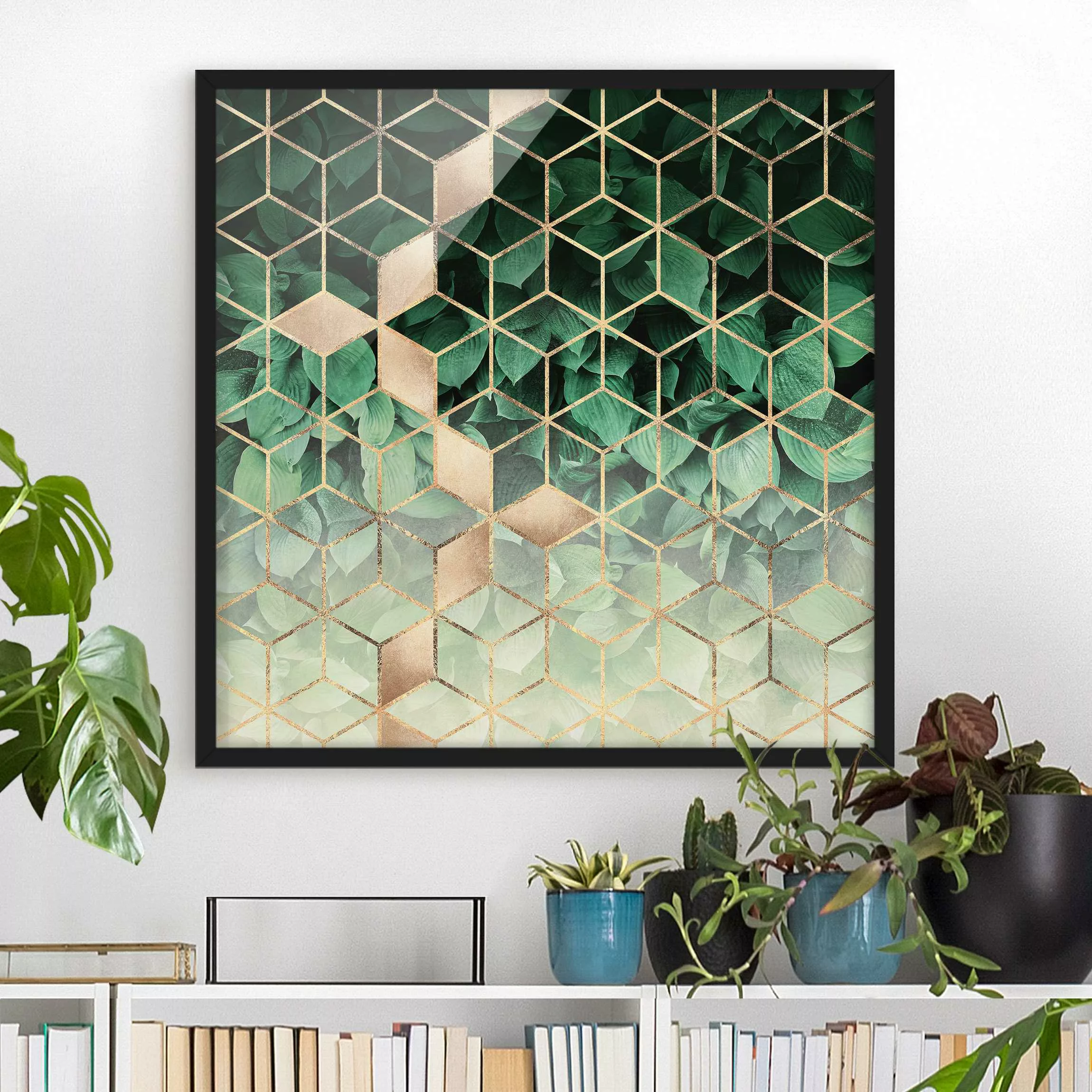 Bild mit Rahmen Abstrakt - Quadrat Grüne Blätter goldene Geometrie günstig online kaufen