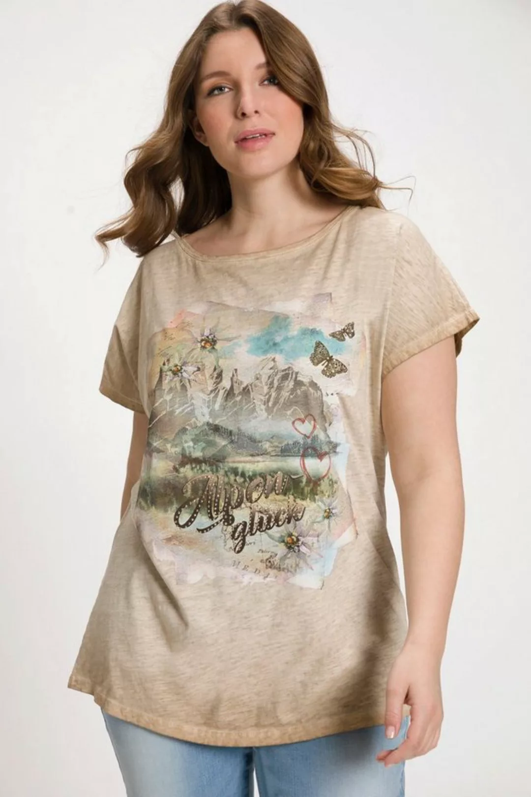 Ulla Popken Rundhalsshirt Trachten-Shirt Alpenmotiv Oversized Rundhals günstig online kaufen