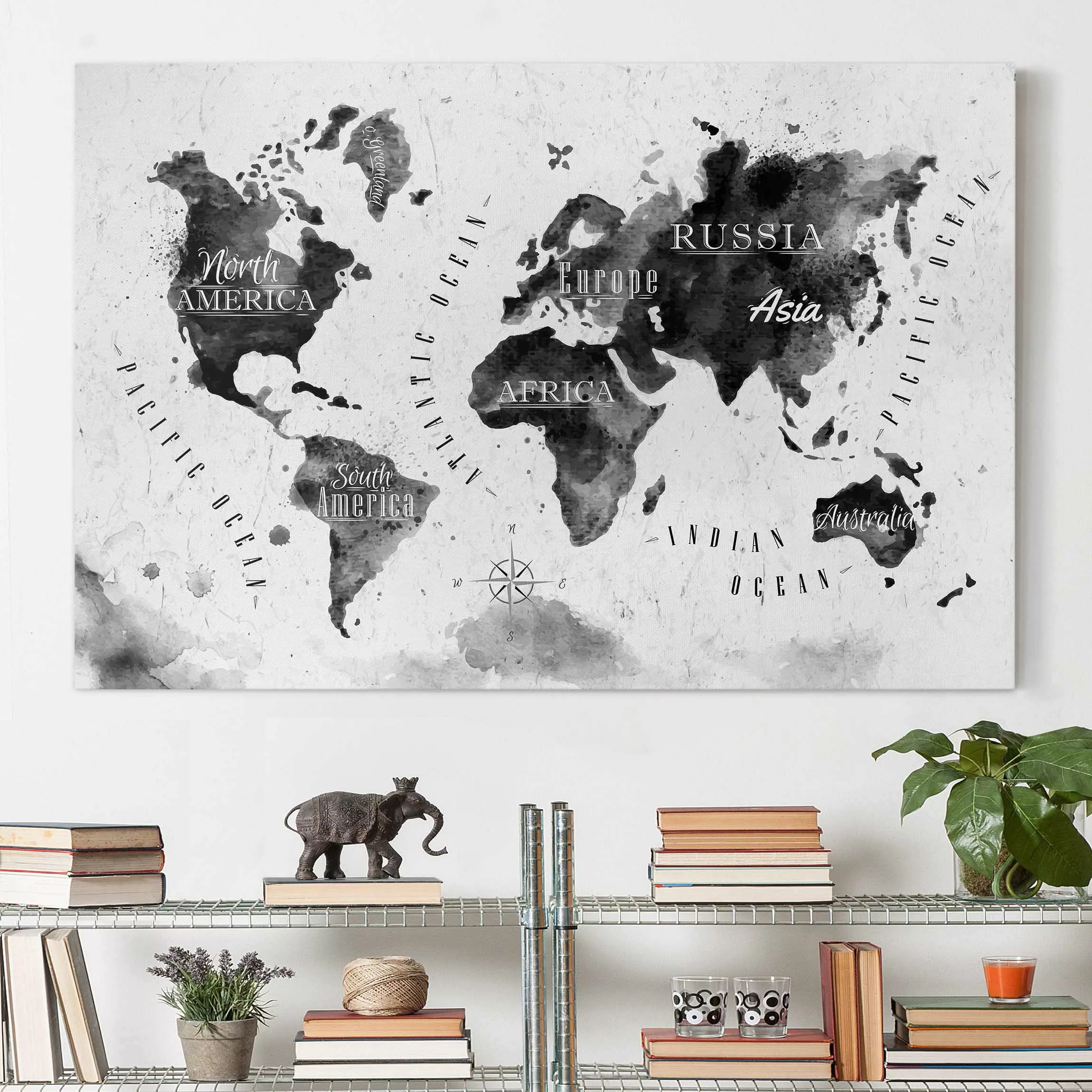 Leinwandbild Weltkarte - Querformat Weltkarte Aquarell schwarz günstig online kaufen