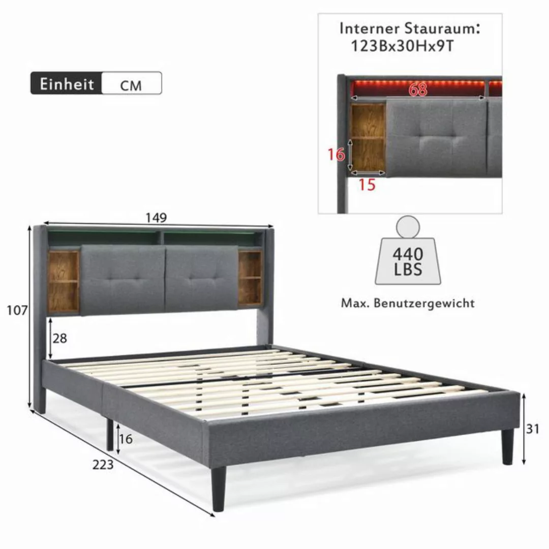 REDOM Polsterbett Doppelbett Stauraum-Kopfteil Bett (140x200 cm Inklusive M günstig online kaufen