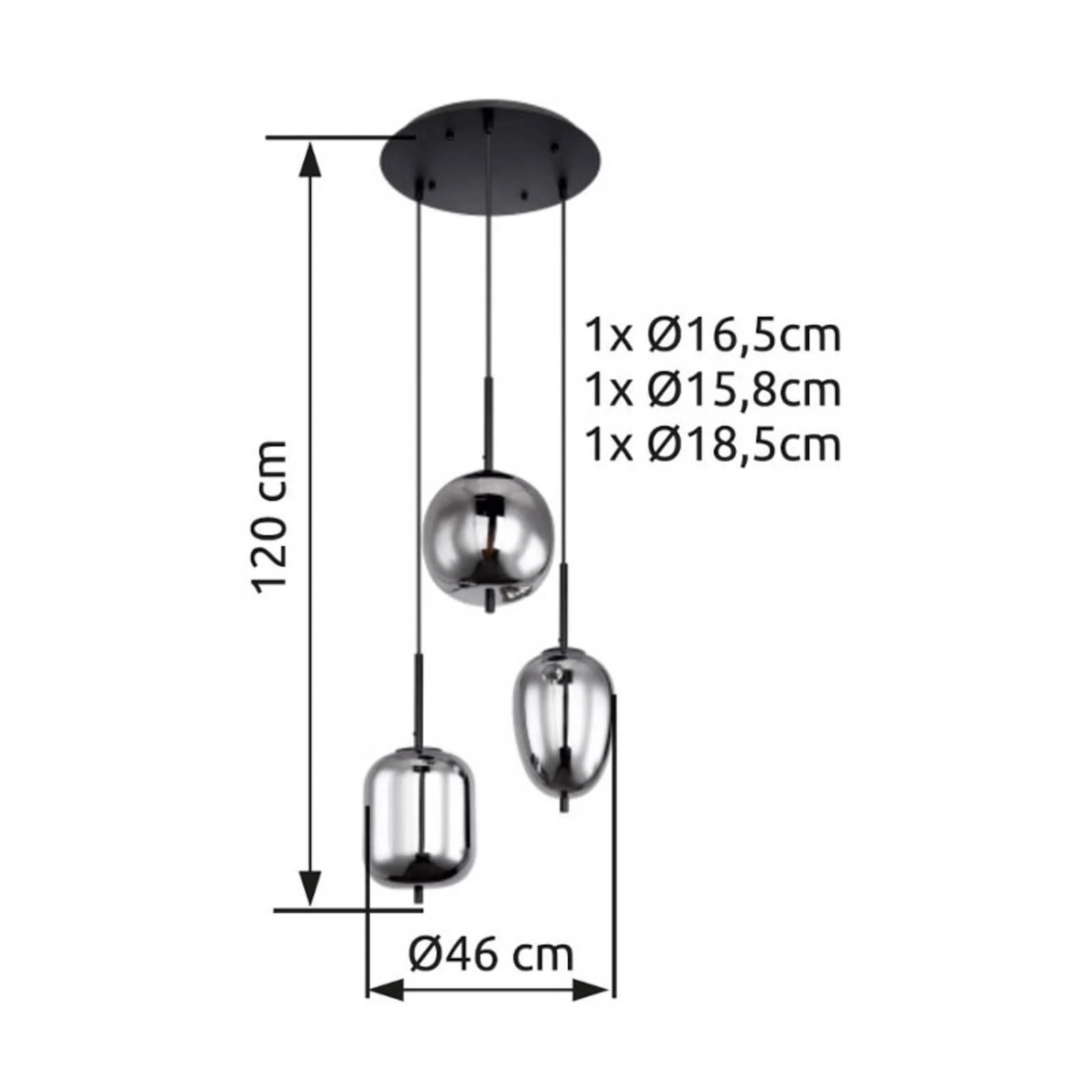 Hängelampe Blacky, schwarz/rauchgrau, Ø 46 cm, Glas, 3-flg. günstig online kaufen