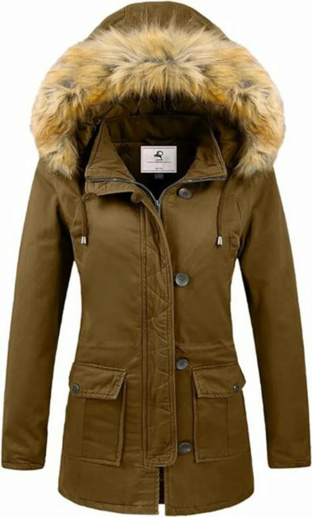 Wintermantel Winterjacke Parka Mantel Abnehmbare Kapuze Lange Jacke Khaki-M günstig online kaufen