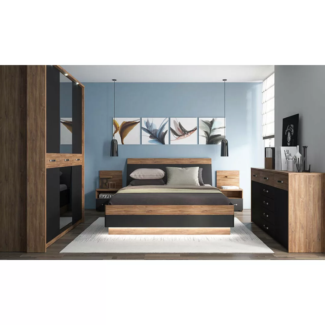 Schlafzimmer Set 5-teilig MANAGUA-129 mit Bett 160x200 in Eiche mit schwarz günstig online kaufen
