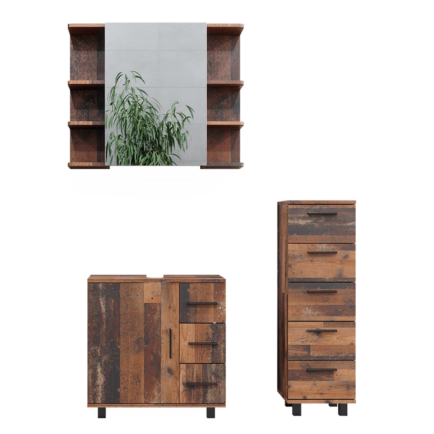 Vicco Badmöbel-Set Ilias Eiche Rustikal 3 Teile mit Midischrank günstig online kaufen