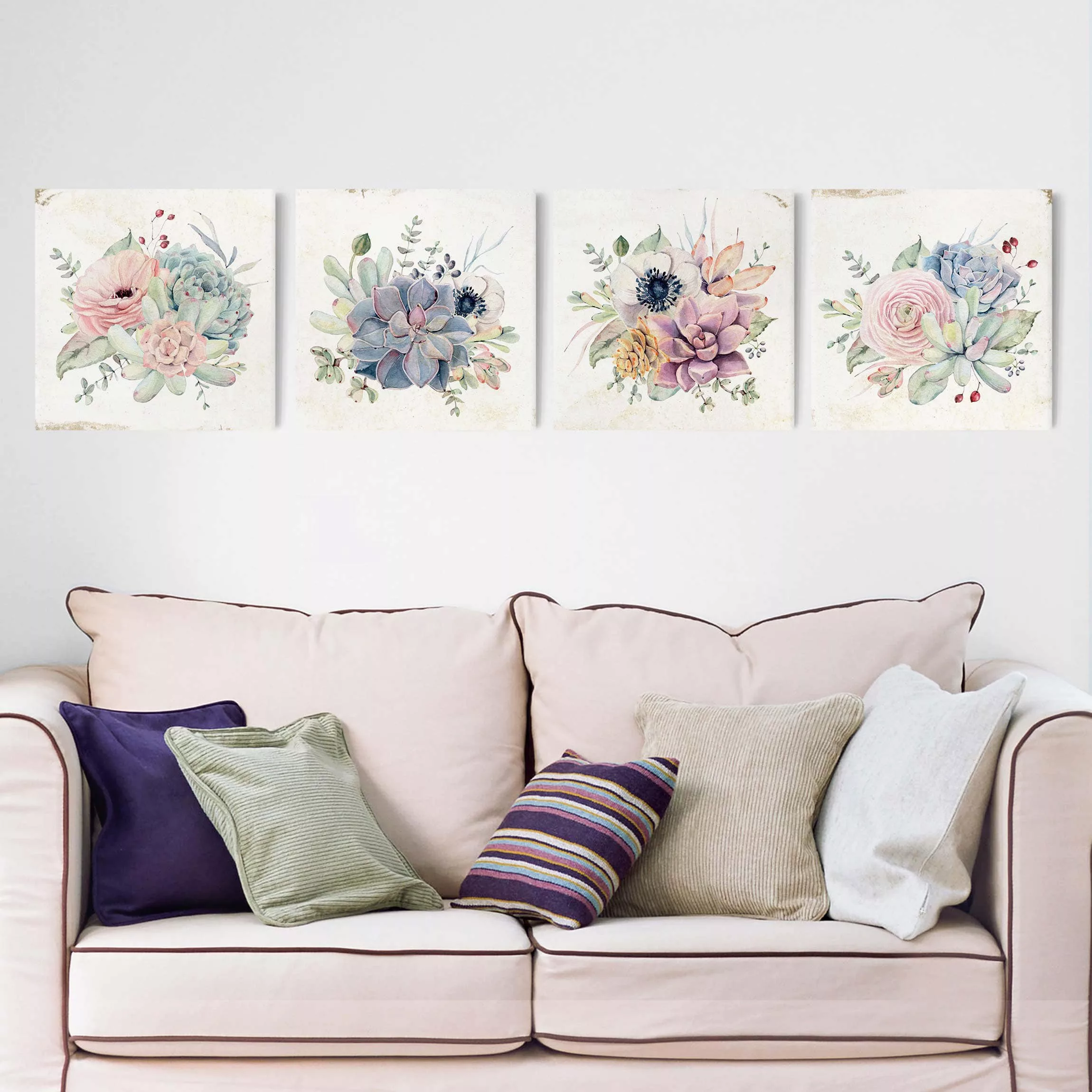 4-teiliges Leinwandbild Blumen - Quadrat Aquarell Blumen Landhaus günstig online kaufen