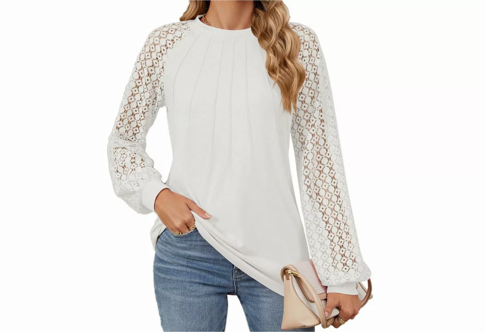 Zoclack Blusentop Damen Elegantes Langarmshirt Spitzenbluse Waffelstrick Ru günstig online kaufen