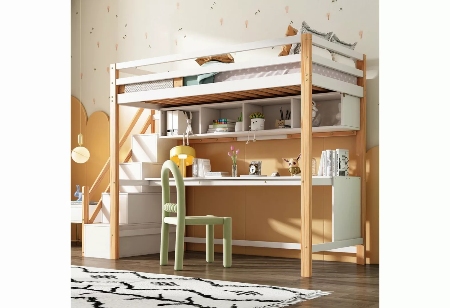 OKWISH Etagenbett Kinderbett Hausbeet (Kinderhochbett mit Stauraumtreppe 90 günstig online kaufen