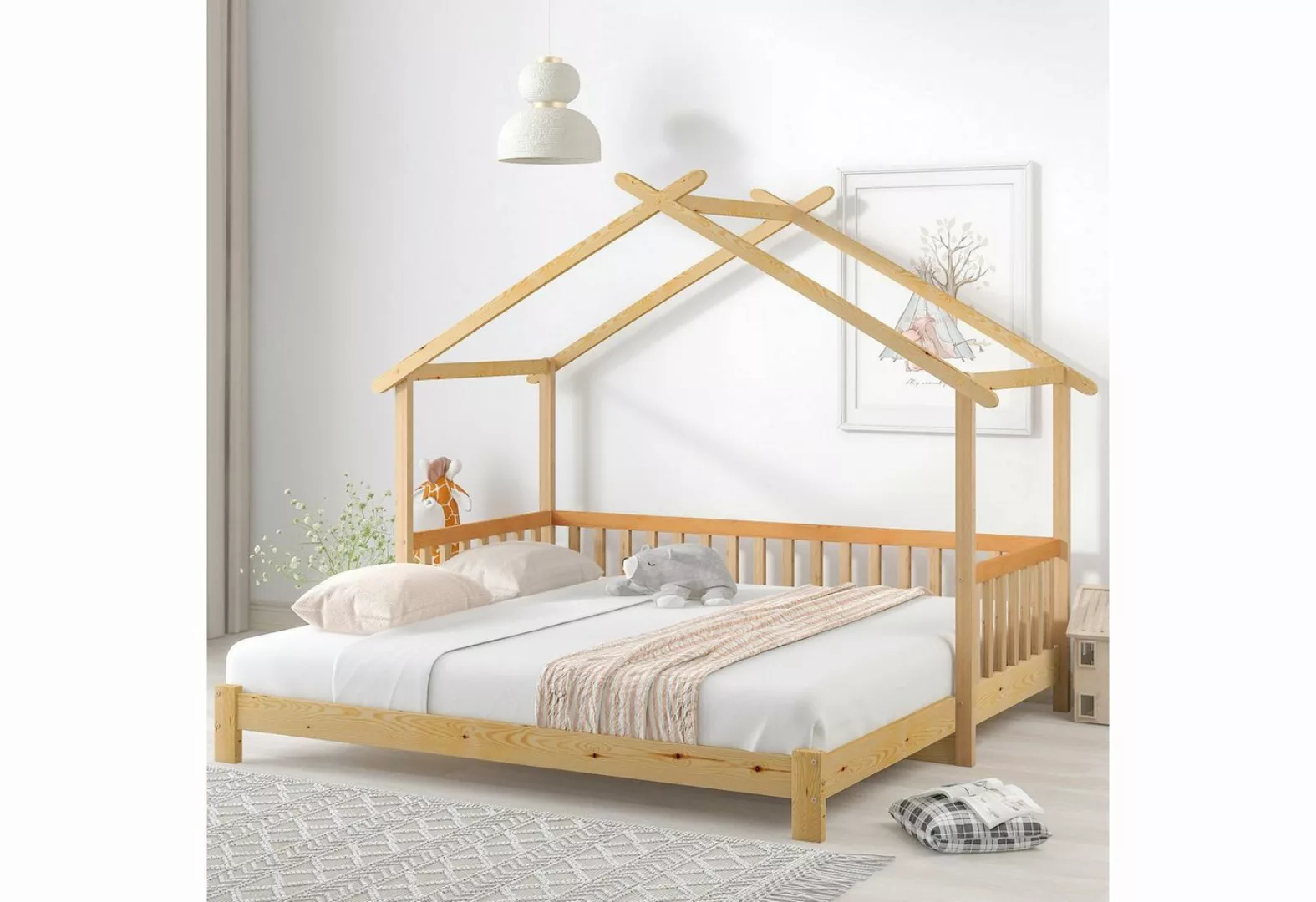 Sweiko Hausbett, Kinderbett mit Rausfallschutz, Ausziehbares Bett, Kiefer, günstig online kaufen