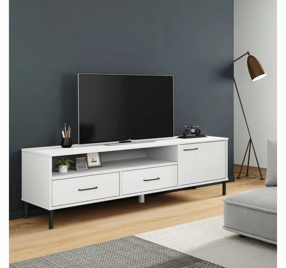 furnicato TV-Schrank OSLO mit Metallbeinen Weiß Massivholz Kiefer günstig online kaufen