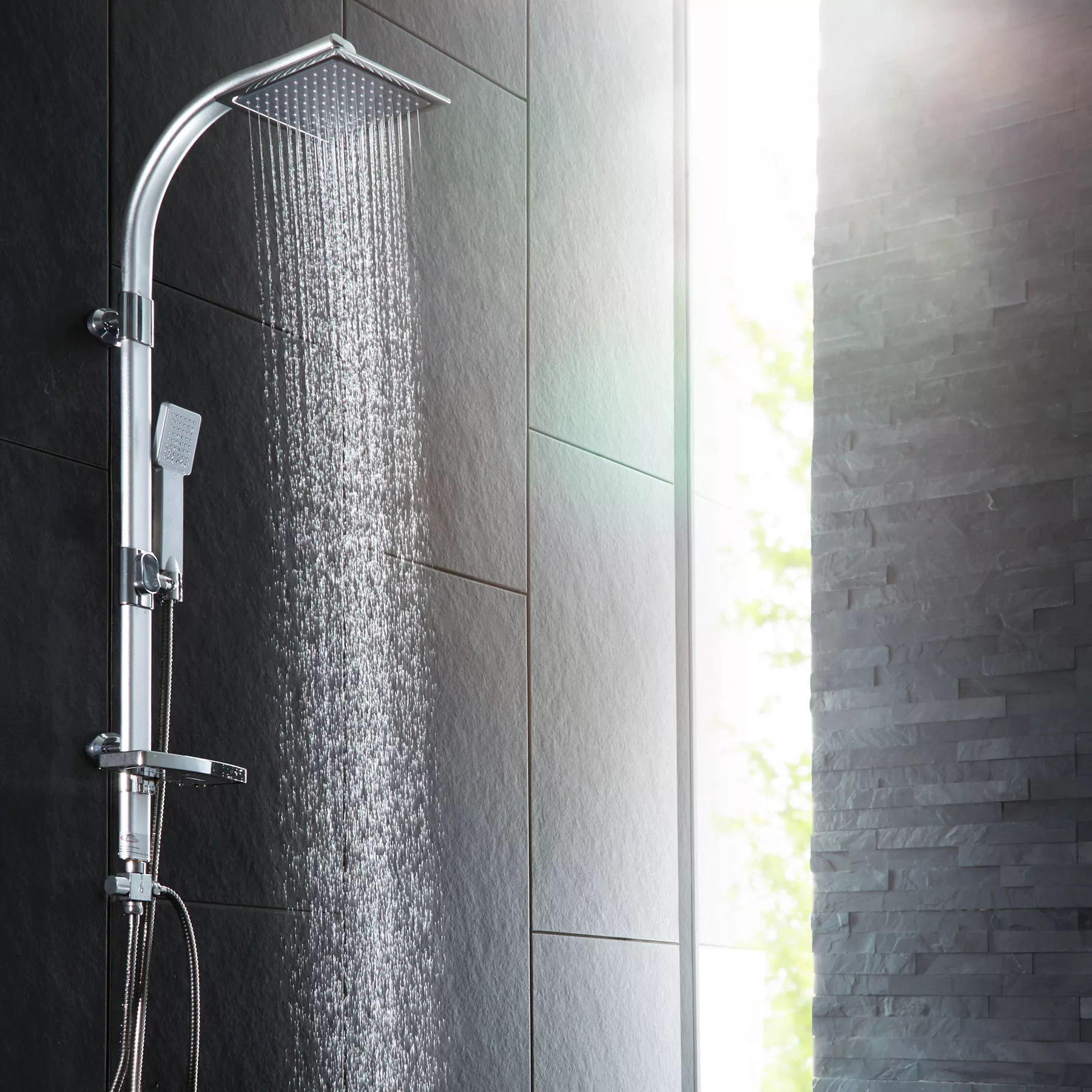 Duschsystem Regendusche mit Handbrause und Seifenablage - grau günstig online kaufen