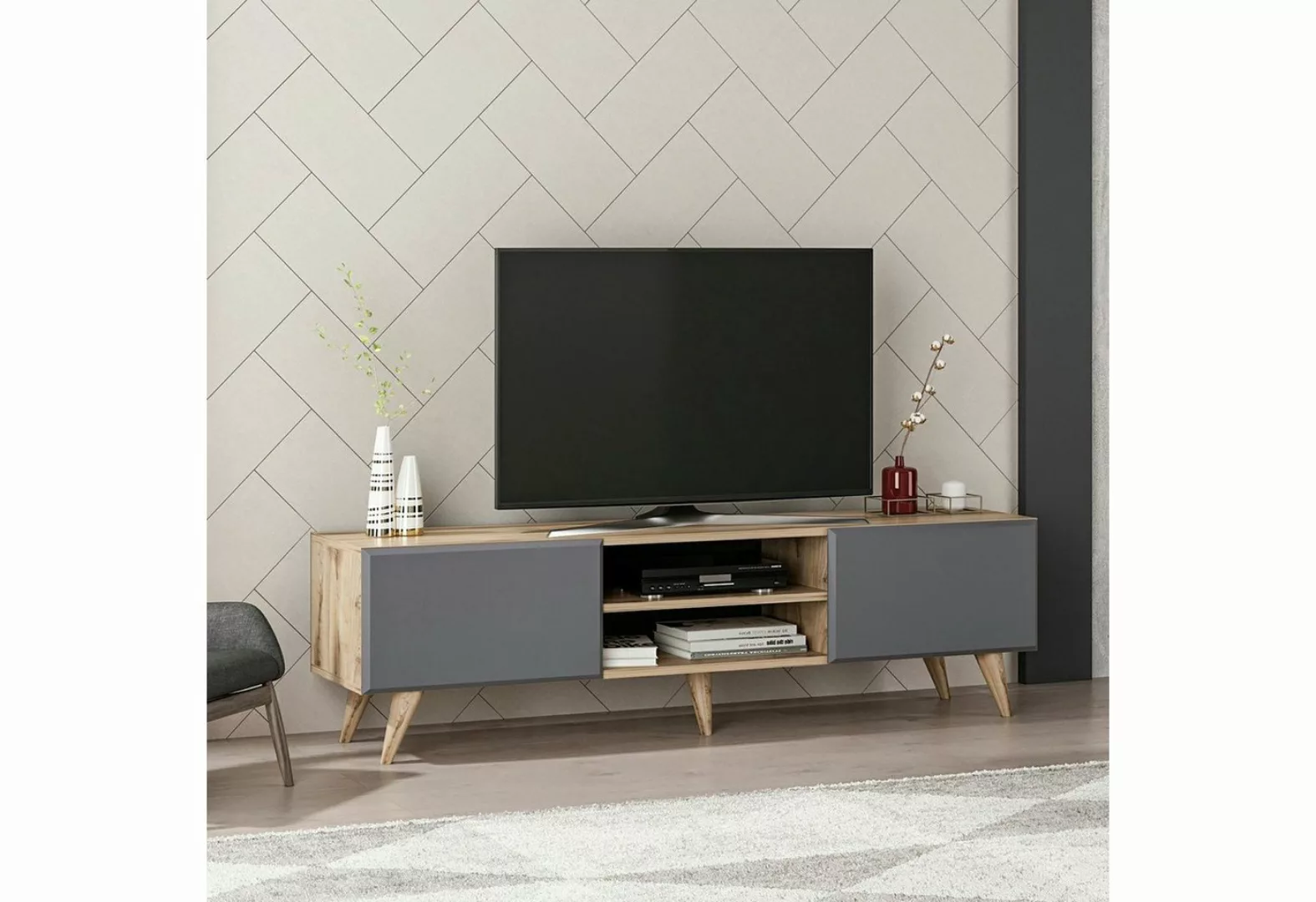 en.casa TV-Schrank Grindsted TV Board 45 x 160 x37 cm 2 Staufächer Eiche / günstig online kaufen