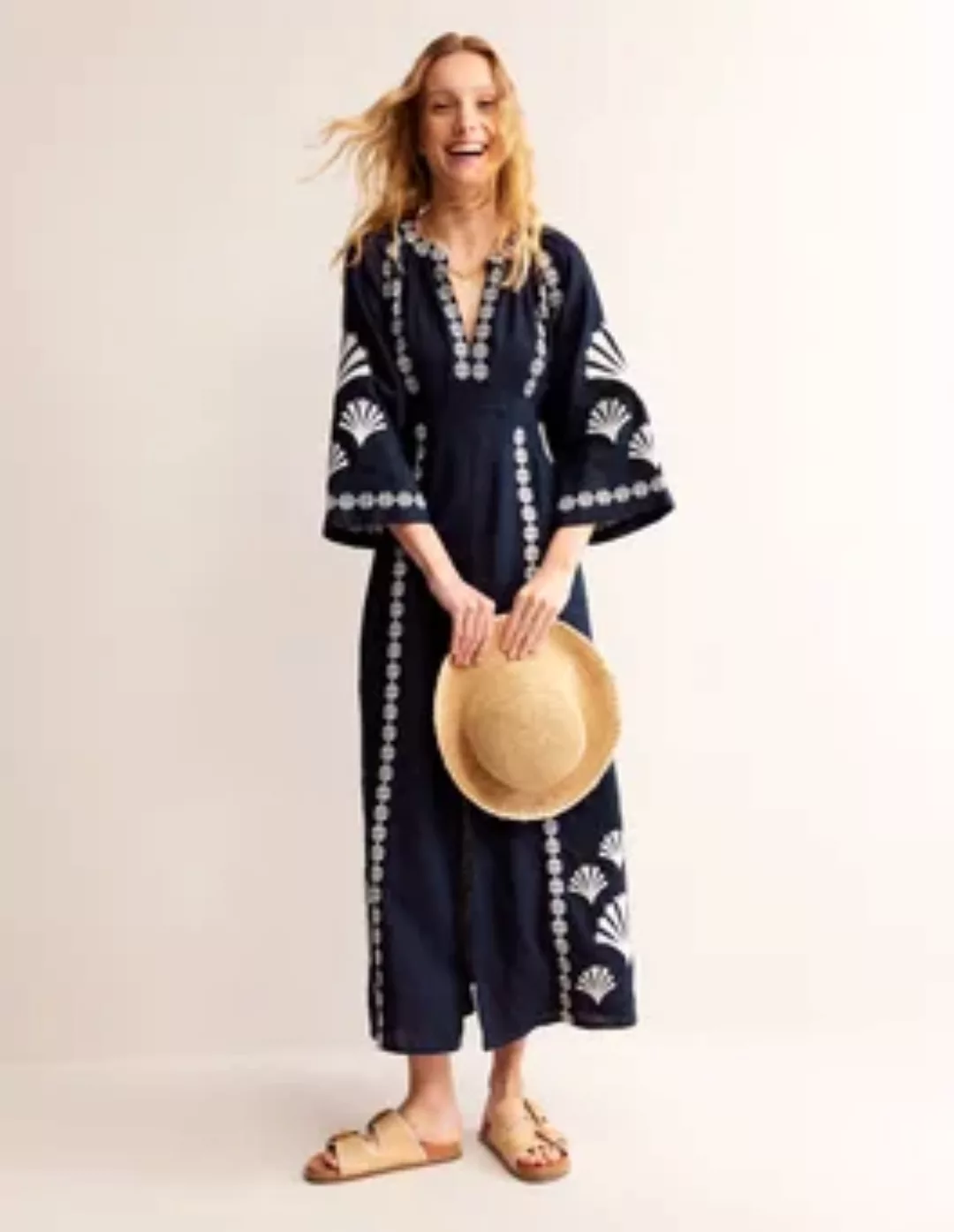 Una Besticktes Leinenkleid Damen Boden, Marineblau günstig online kaufen