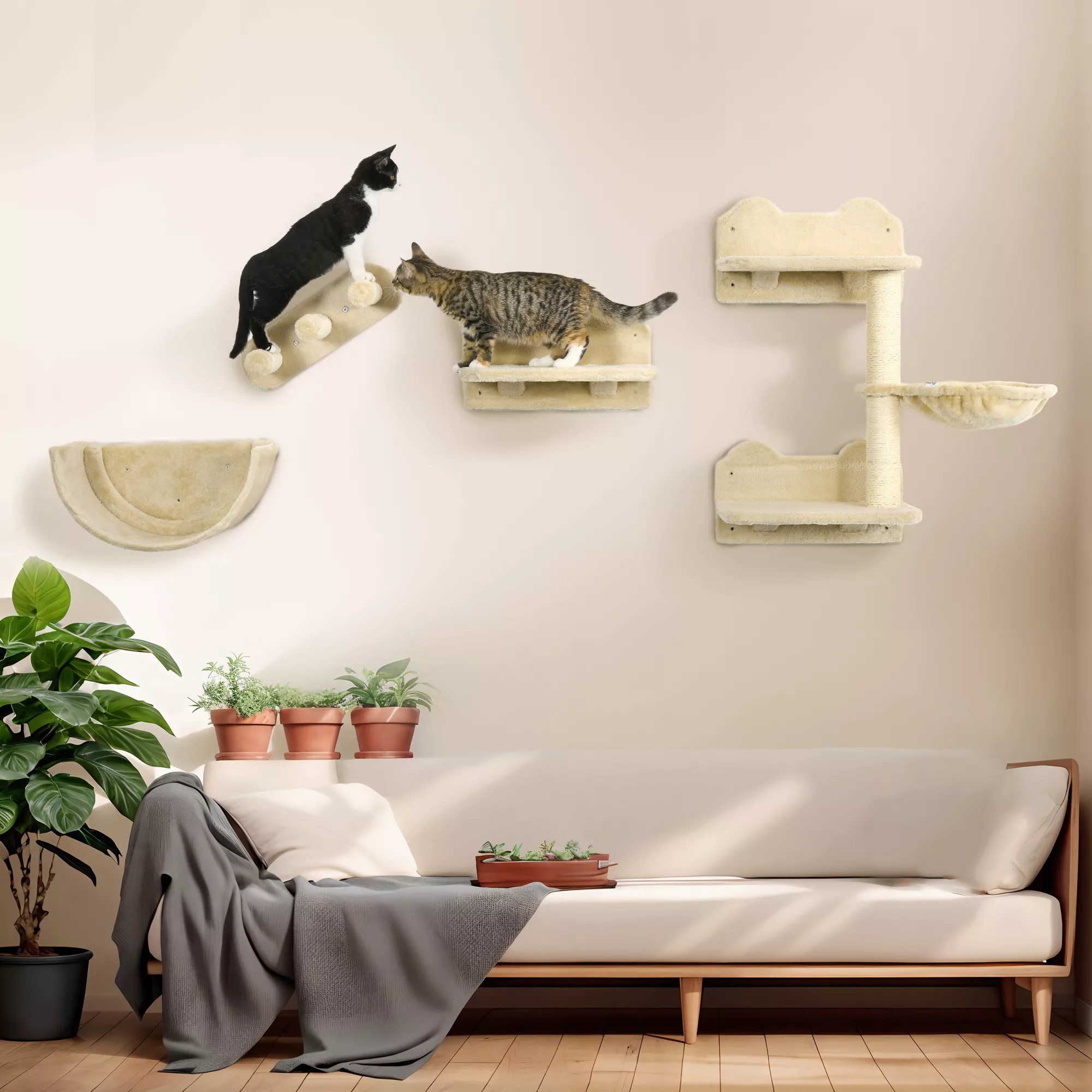 PawHut Katzen Kletterwand 4 tlg, Katzenkratzbaum mit Klettern, Kaztentreppe günstig online kaufen