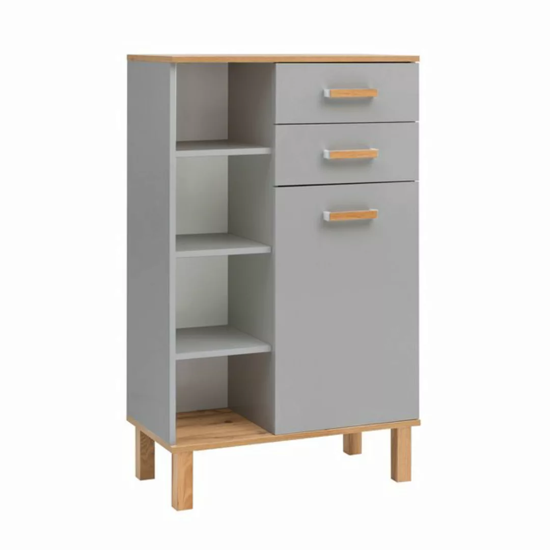 Lomadox Hochschrank PERM-80 Badezimmer Kommode in Platingrau mit Eiche Land günstig online kaufen