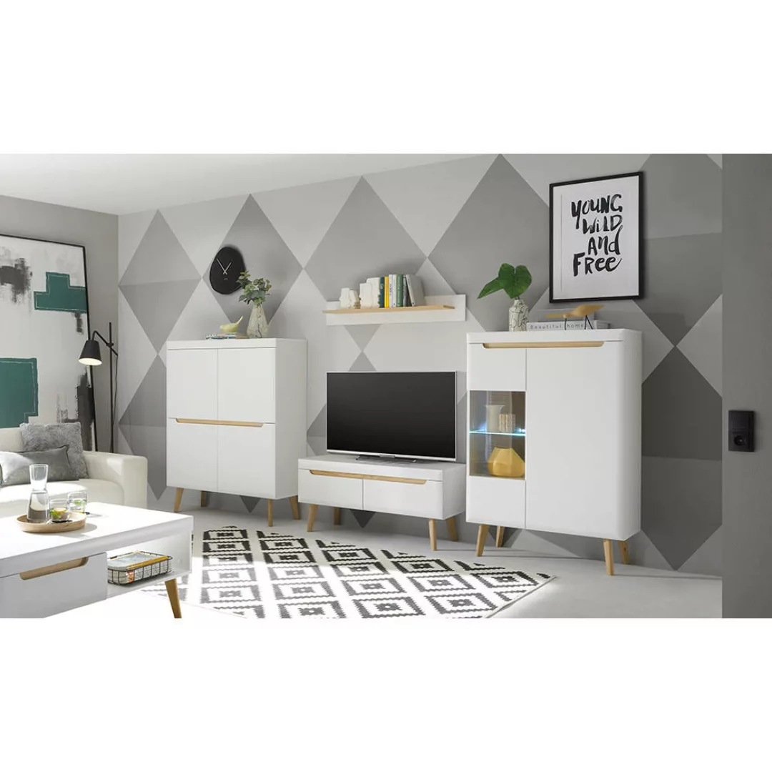 Wohnwand in Weiß Matt mit Eiche STOCKTON-61, 5-teilig inkl. Couchtisch und günstig online kaufen