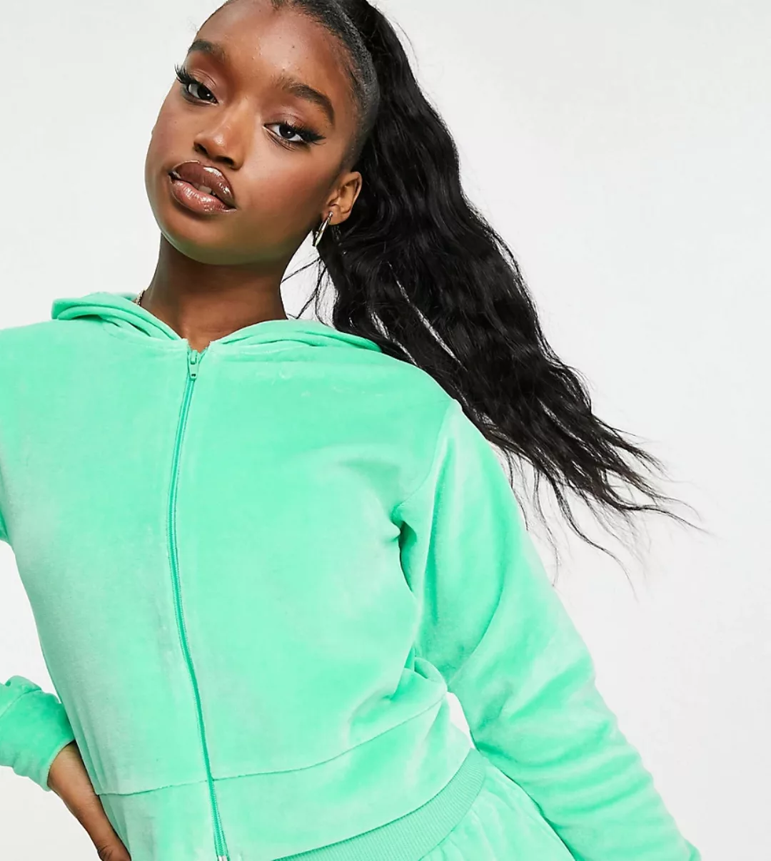ASYOU – Kurze Pulloverjacke mit Kapuze aus Velours in Grün, Kombiteil günstig online kaufen