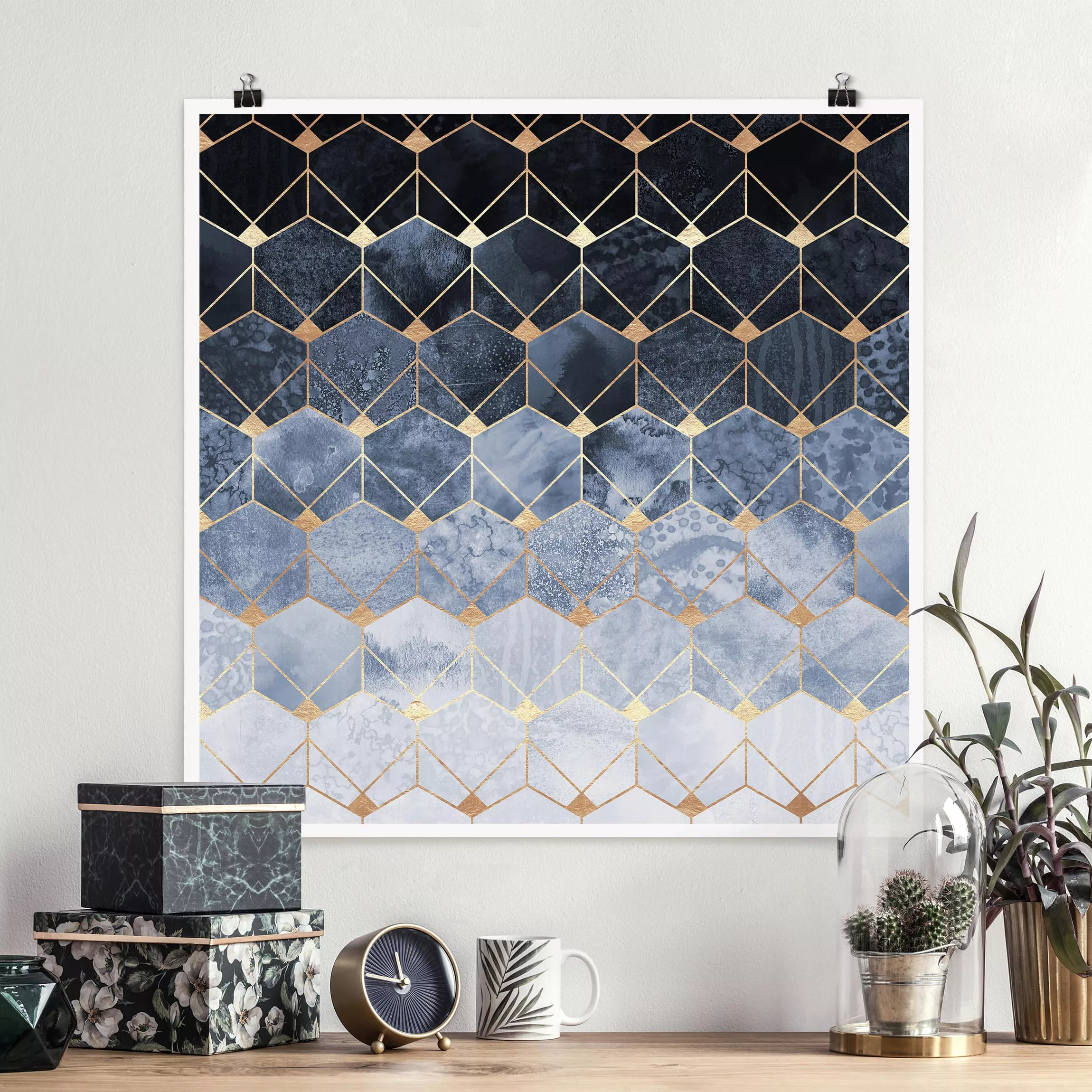 Poster Abstrakt - Quadrat Blaue Geometrie goldenes Art Deco günstig online kaufen