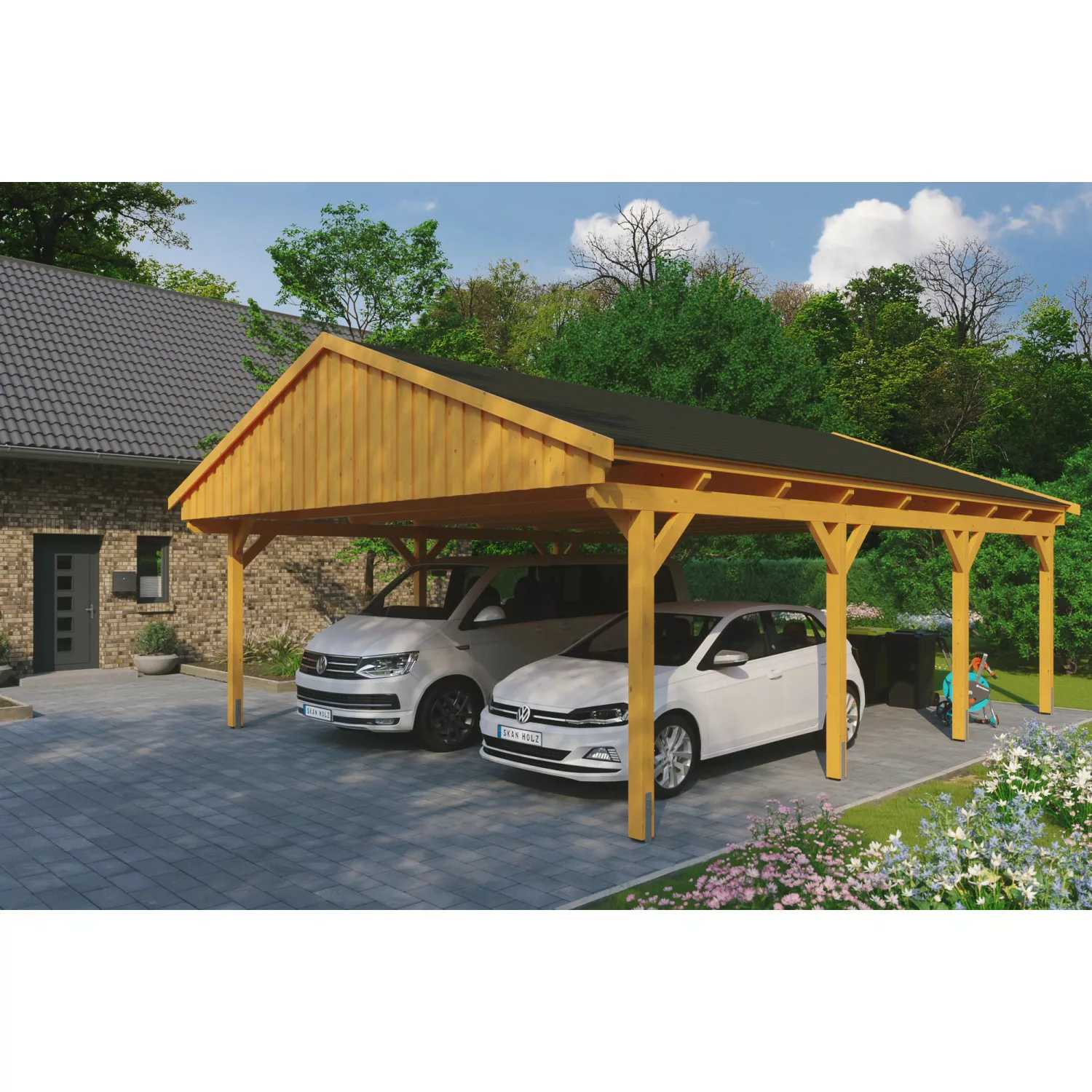 Skan Holz Carport Fichtelberg 618 cm x 808 cm Schwarze Schindeln Eiche Hell günstig online kaufen