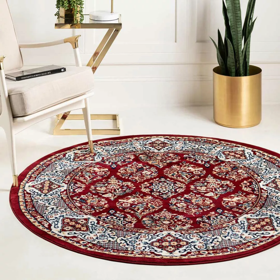 Orient Stil Teppich rund in Dunkelrot Cremefarben günstig online kaufen