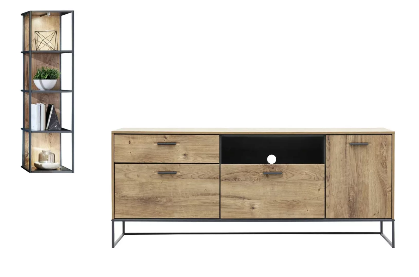 Wohnwand 2-tlg 240cm MANHATTAN von Wohn-Concept Haveleiche Cognac / Metallg günstig online kaufen