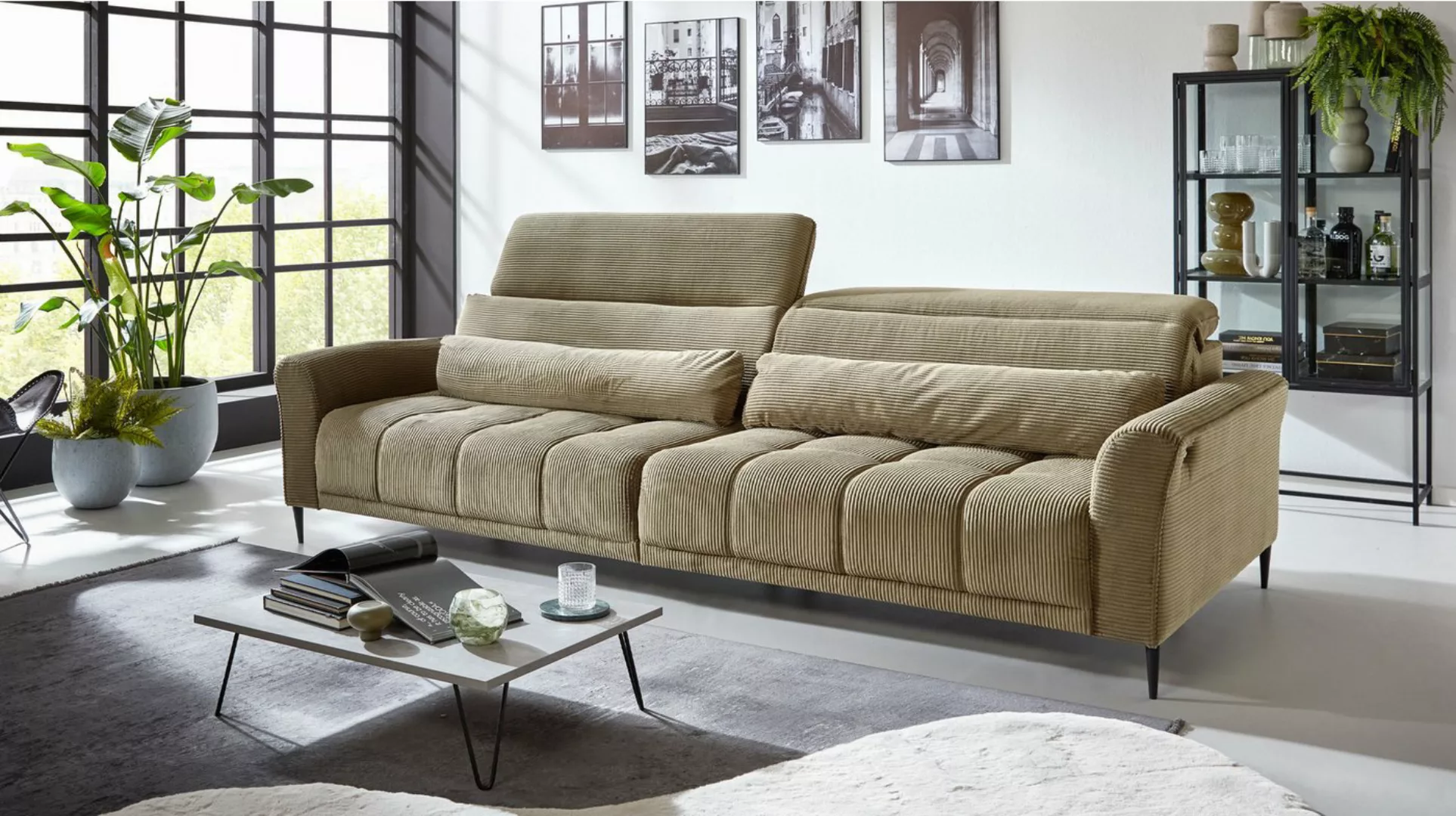 Massivart® Big-Sofa LOGAN Cord grün 280 cm / 4-Sitzer, Sitztiefenverstellun günstig online kaufen