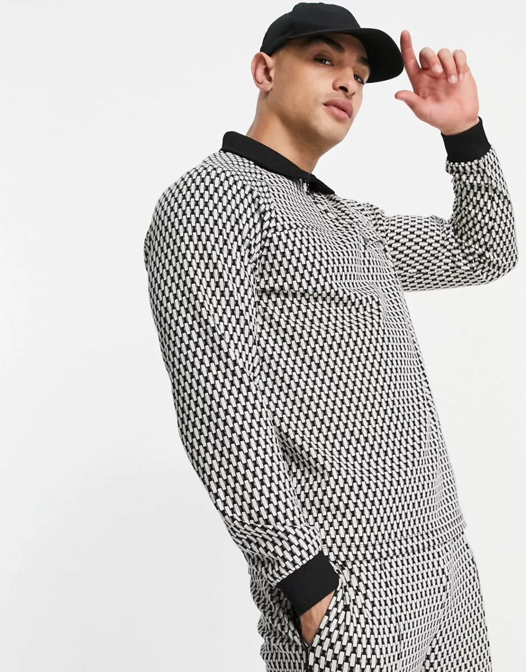 ASOS DESIGN – Elegantes Sweatshirt in Schwarz-Weiß mit Jacquardmuster, Komb günstig online kaufen
