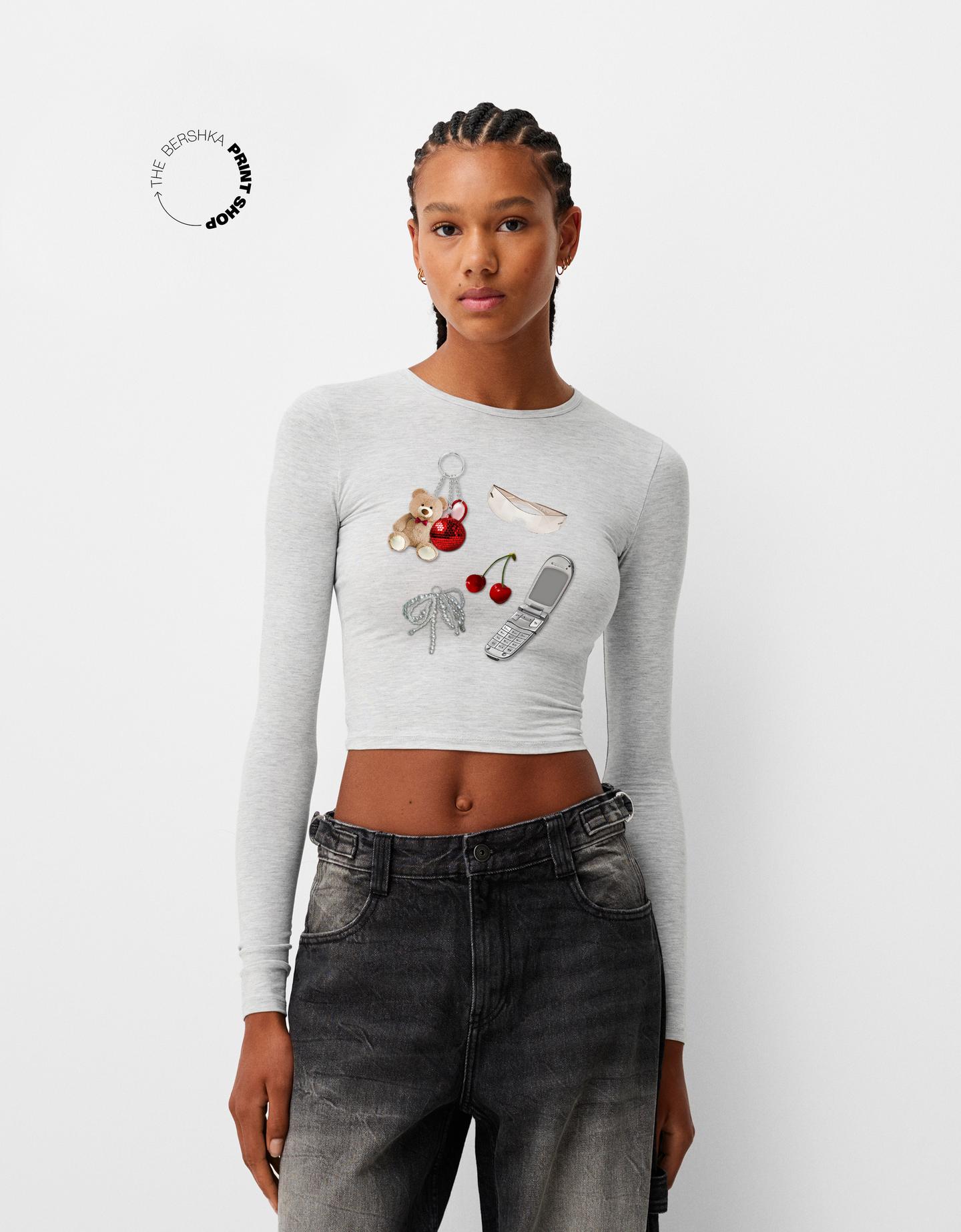 Bershka Langarmshirt Mit Print Damen 10-12 Grau günstig online kaufen