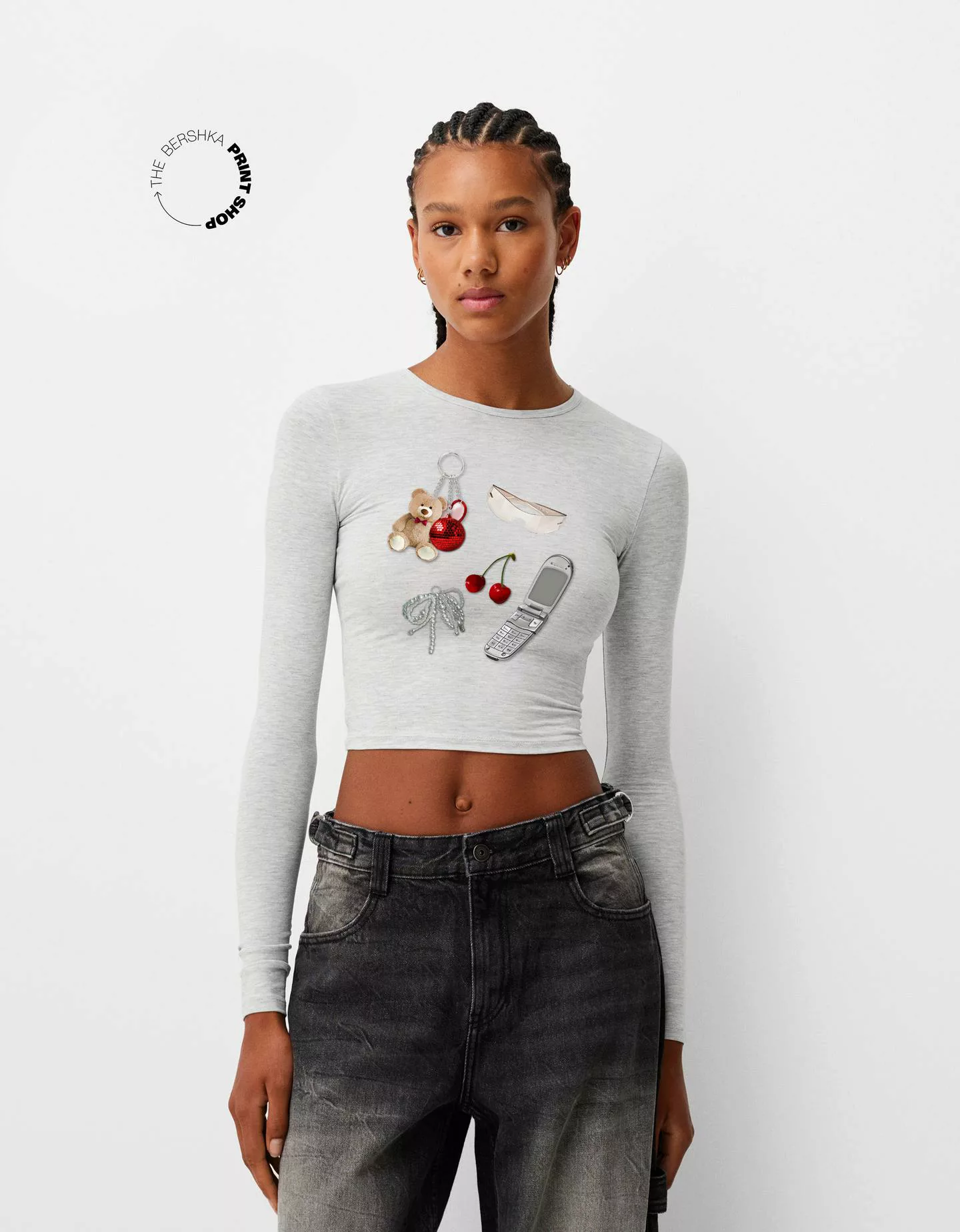 Bershka Langarmshirt Mit Print Damen L Grau günstig online kaufen