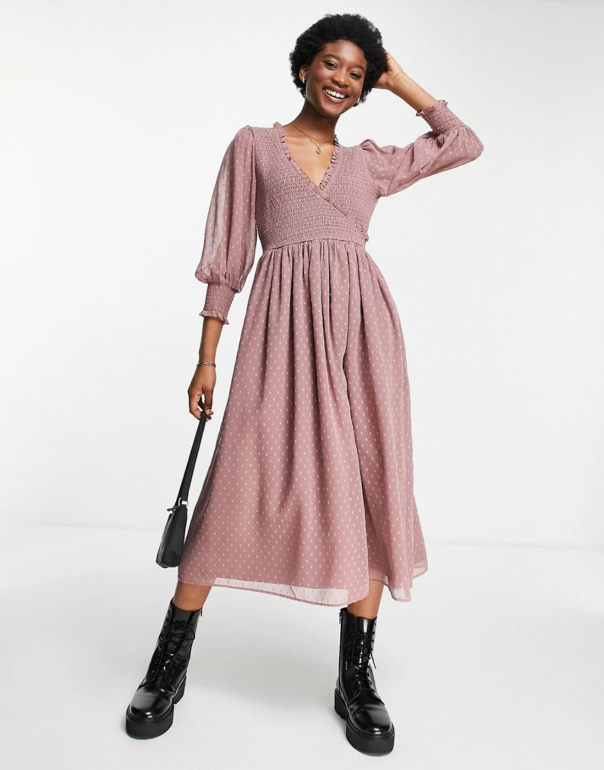 ASOS DESIGN – Midi-Hängerkleid in Nerzbraun mit gesmokten Bündchen-Rosa günstig online kaufen