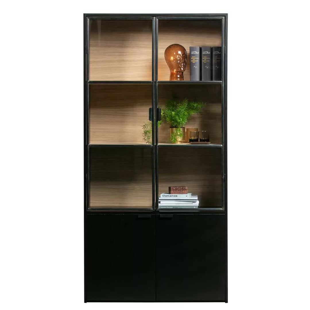 Schrank Vitrine modern in Kieferfarben und Schwarz Glastüren günstig online kaufen