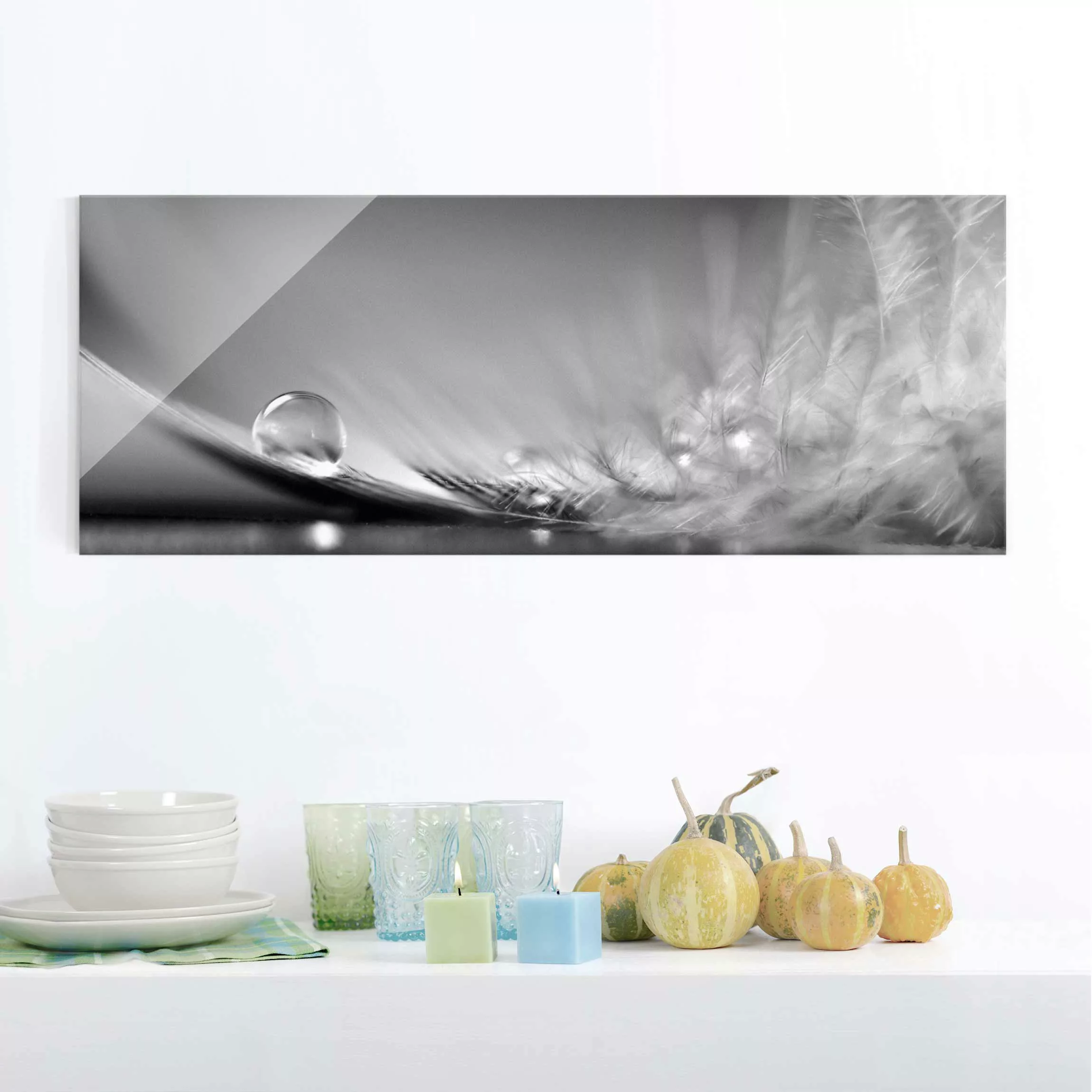 Glasbild Schwarz-Weiß - Panorama Story of a Waterdrop Black White günstig online kaufen