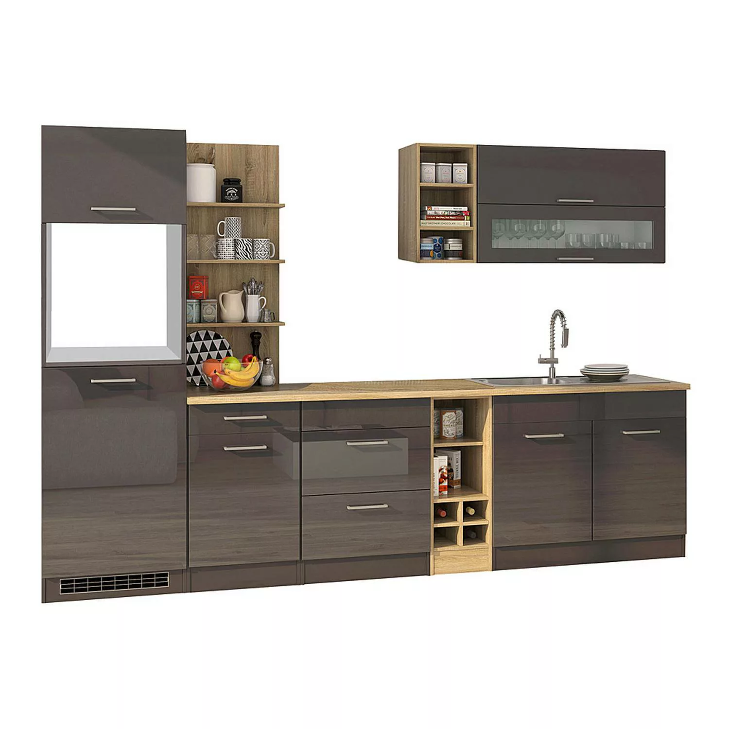 Küchenzeile 300 cm grau MARANELLO-03 , Anthrazit Hochglanz ohne E-Geräte B günstig online kaufen