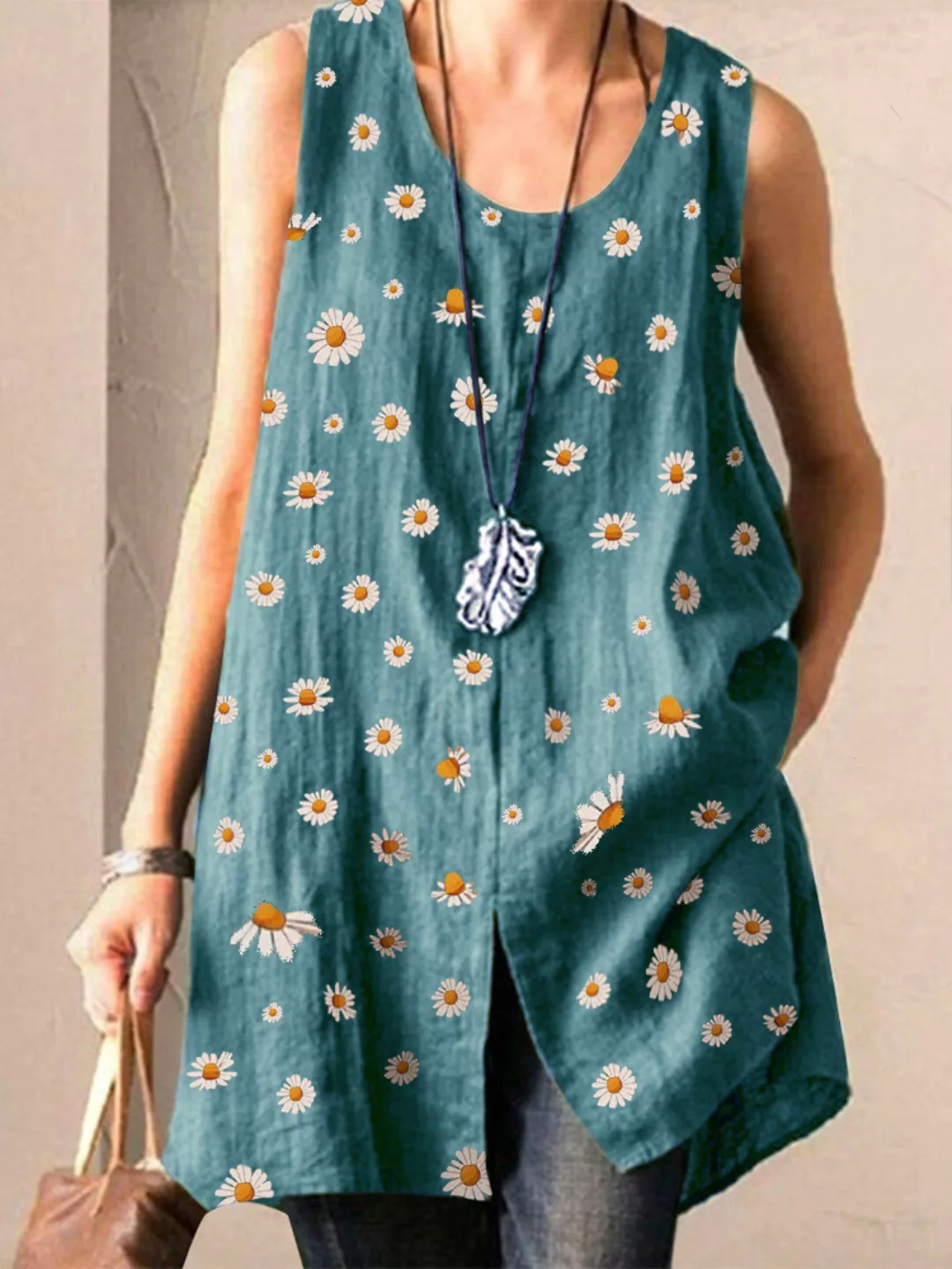 Daisy Print Split ärmelloses Plus Größe Tank Top günstig online kaufen