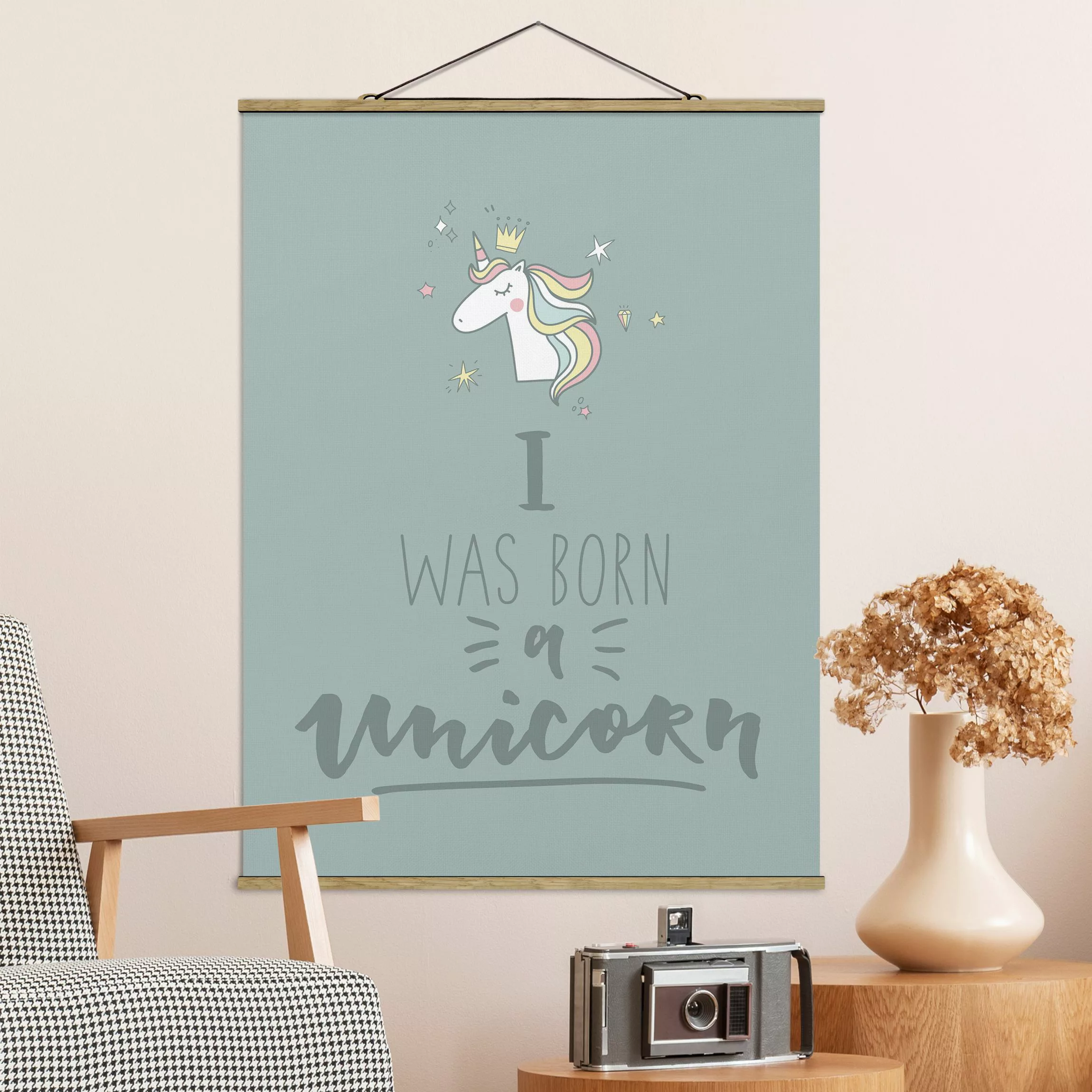 Stoffbild Tiere mit Posterleisten - Hochformat I was born a Unicorn günstig online kaufen