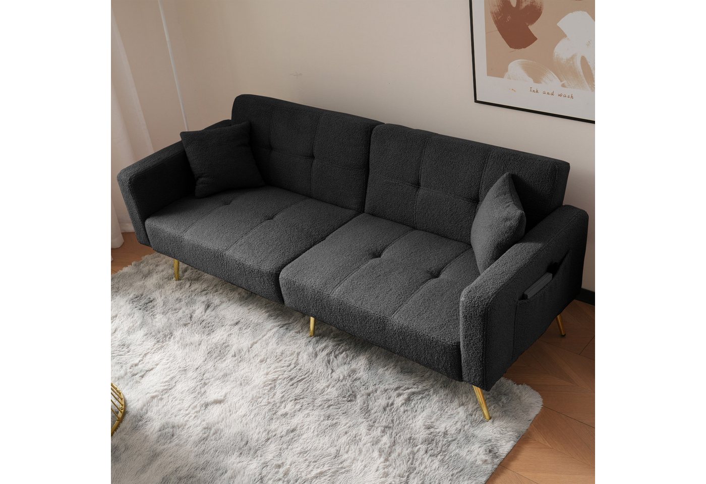 Ulife Schlafsofa mit Winkel, goldenen Beinen, Kissen und seitlichen Taschen günstig online kaufen