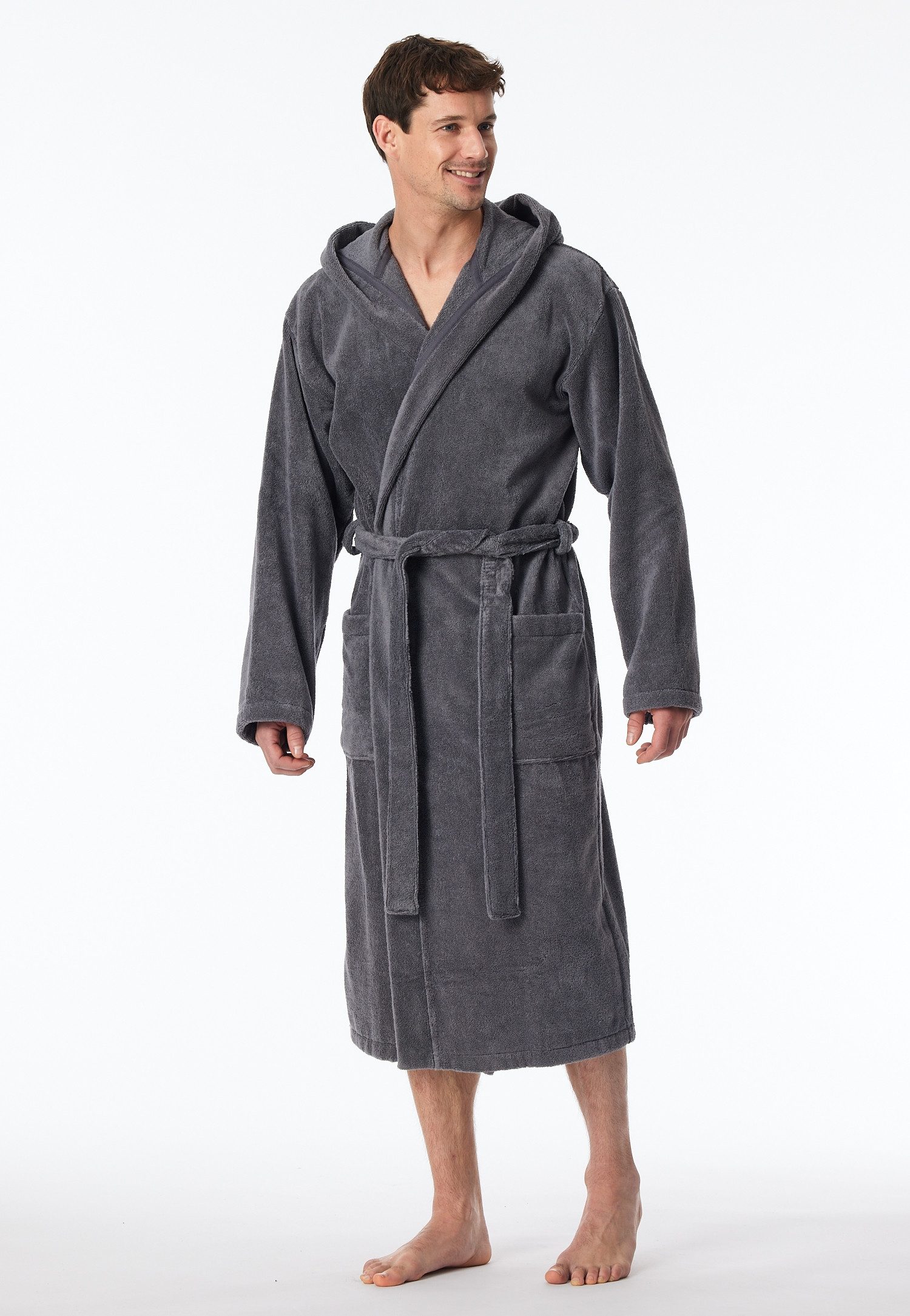 Schiesser Herrenbademantel "Essentials", Midilänge, Baumwolle, Kapuze, günstig online kaufen