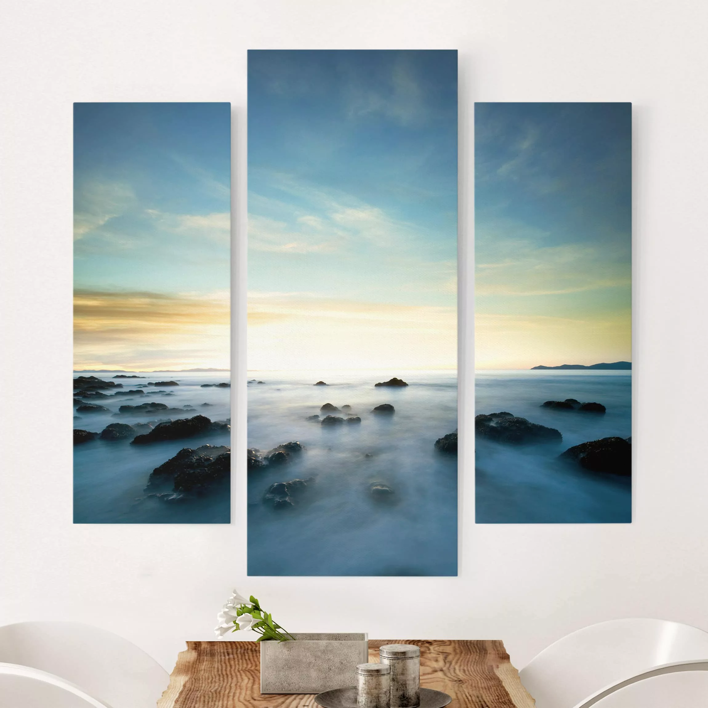 3-teiliges Leinwandbild Strand - Querformat Sonnenuntergang über dem Ozean günstig online kaufen