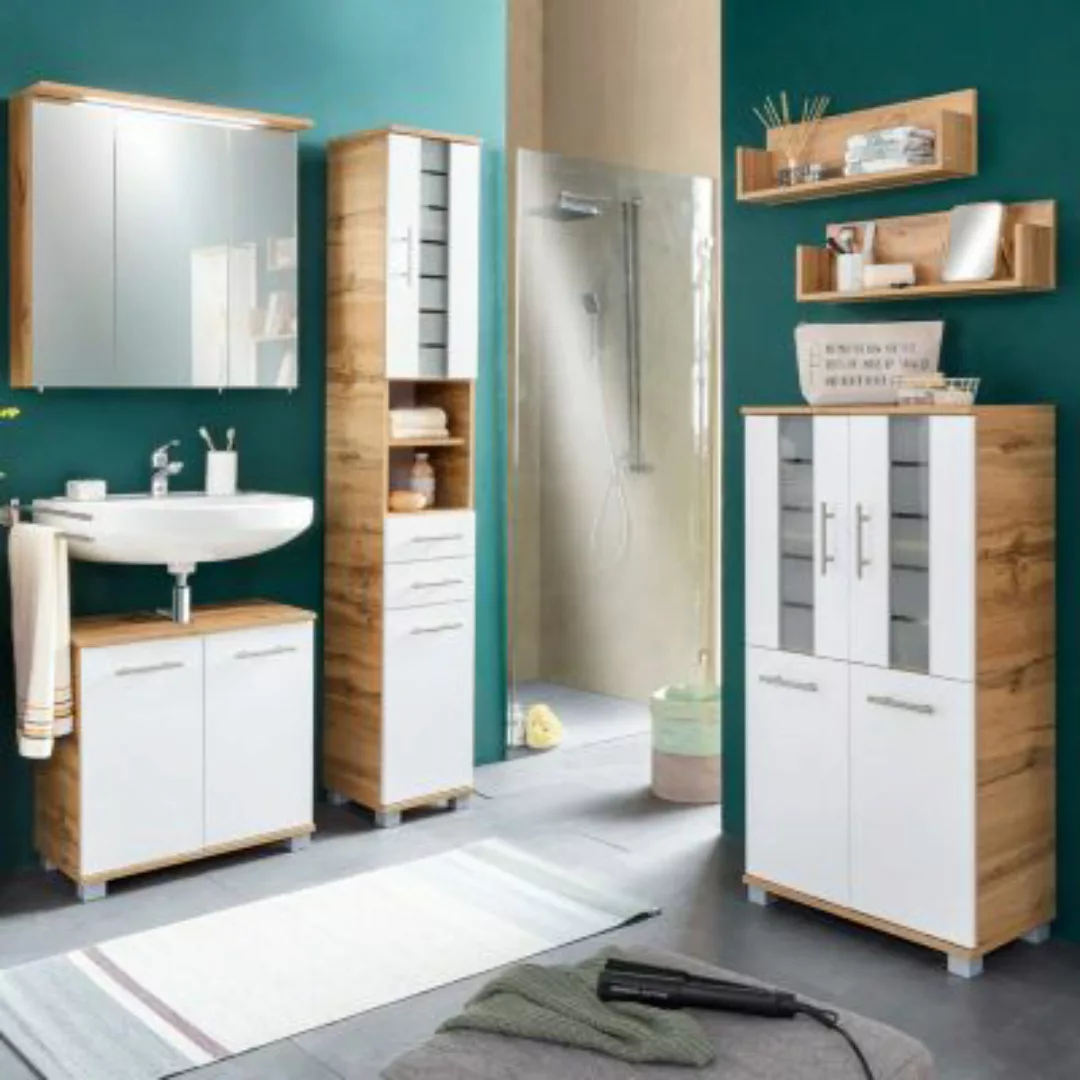 Lomadox Badezimmermöbel Set NITRA-80 in Kreideweiß mit Eiche Landhaus Nb. b günstig online kaufen
