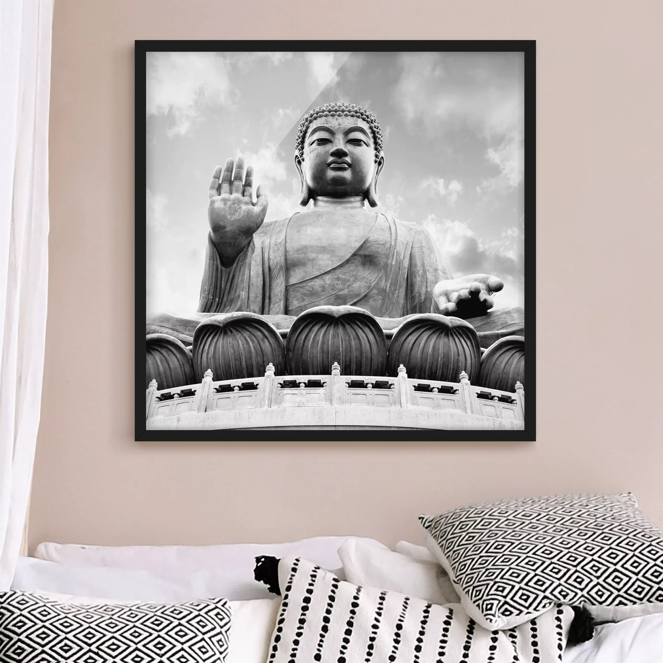 Bild mit Rahmen Großer Buddha Schwarz-Weiß günstig online kaufen
