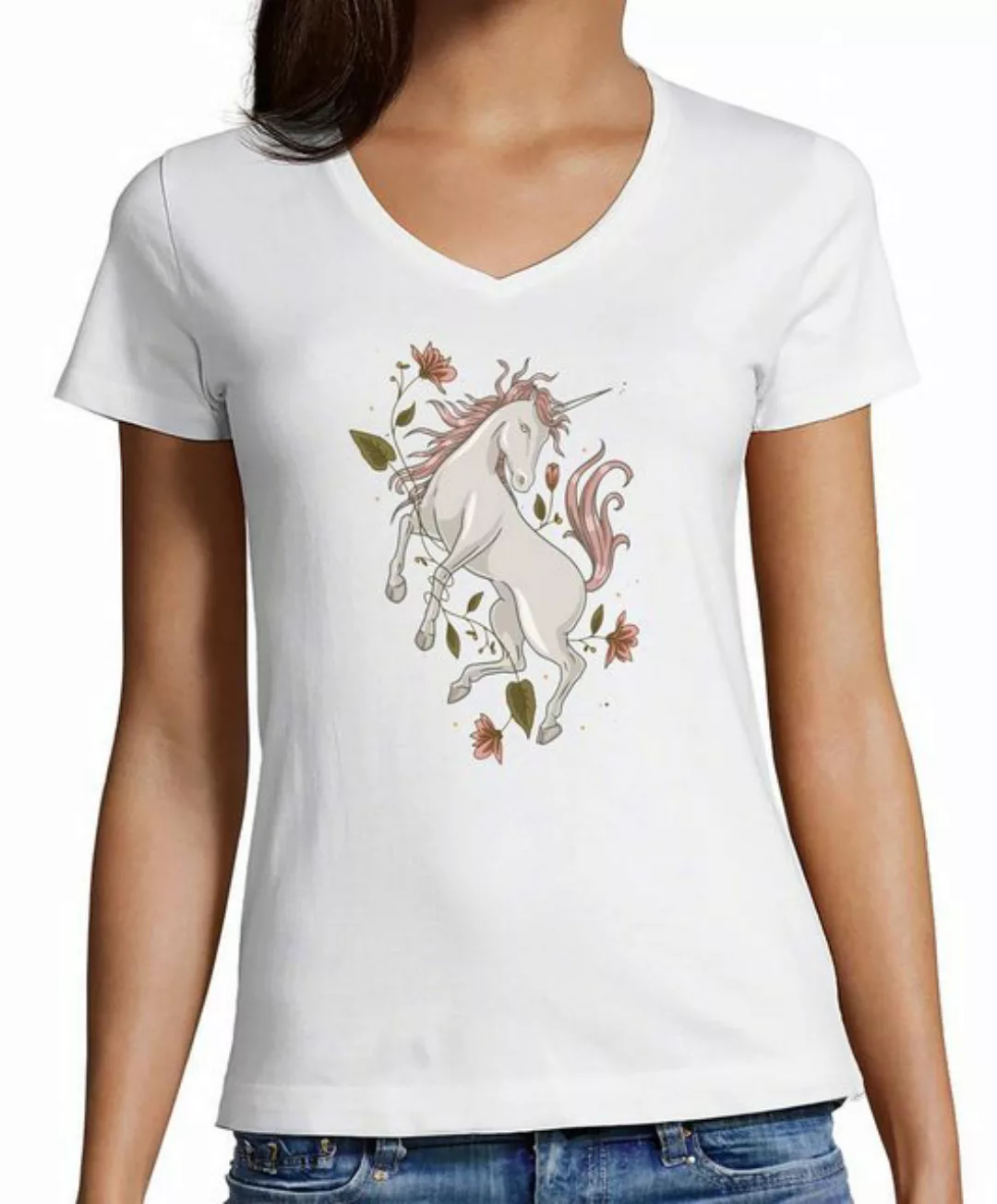 MyDesign24 T-Shirt Damen Pferde Print Shirt bedruckt - Einhorn mit Blumen V günstig online kaufen