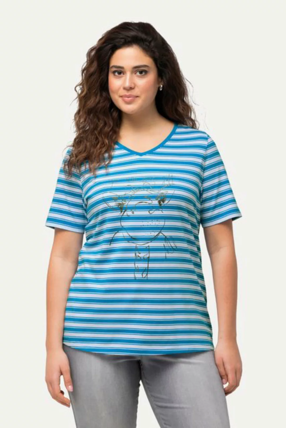 Ulla Popken Rundhalsshirt T-Shirt Ringel Metallic-Tiermotiv V-Ausschnitt günstig online kaufen