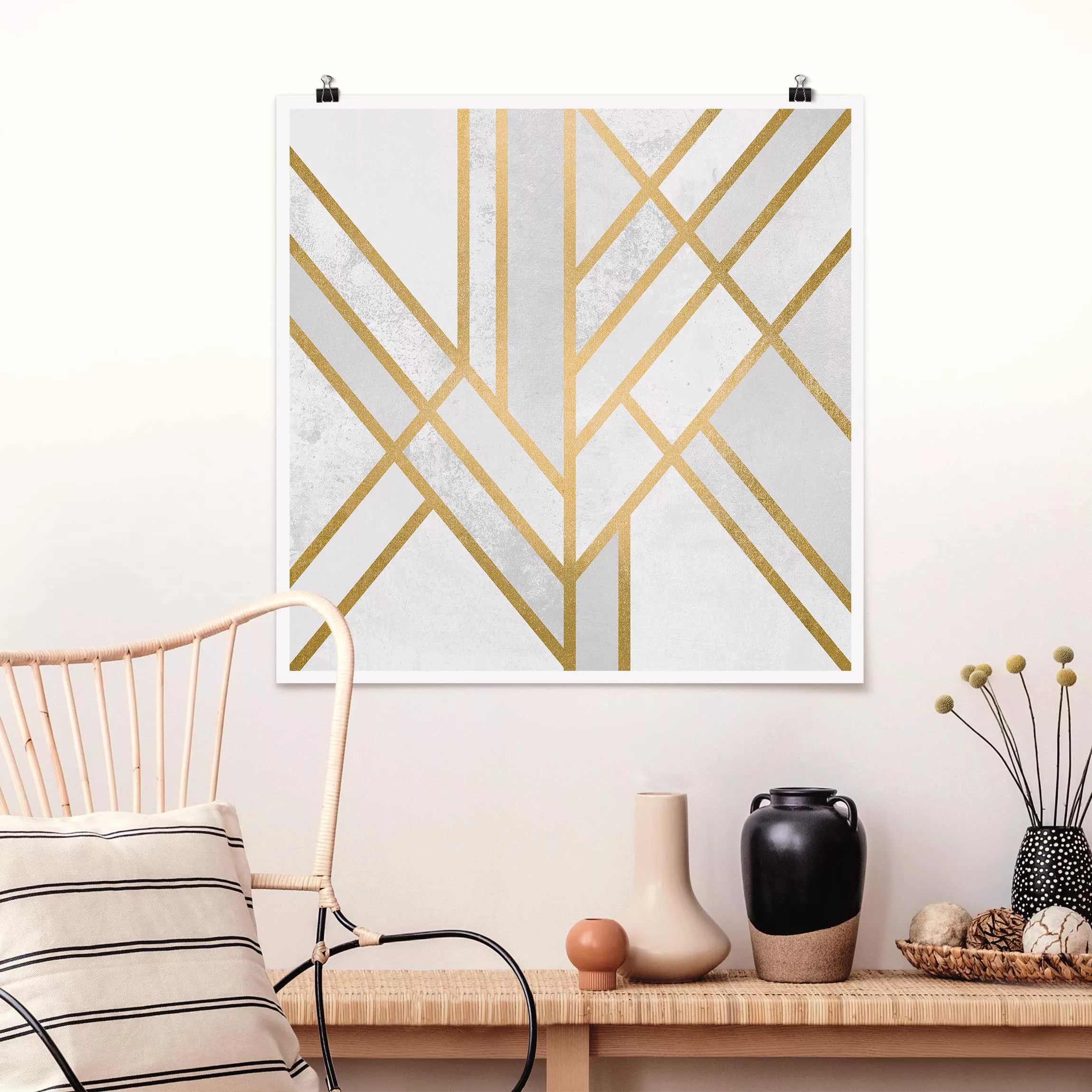 Poster Abstrakt - Quadrat Art Deco Geometrie Weiß Gold günstig online kaufen