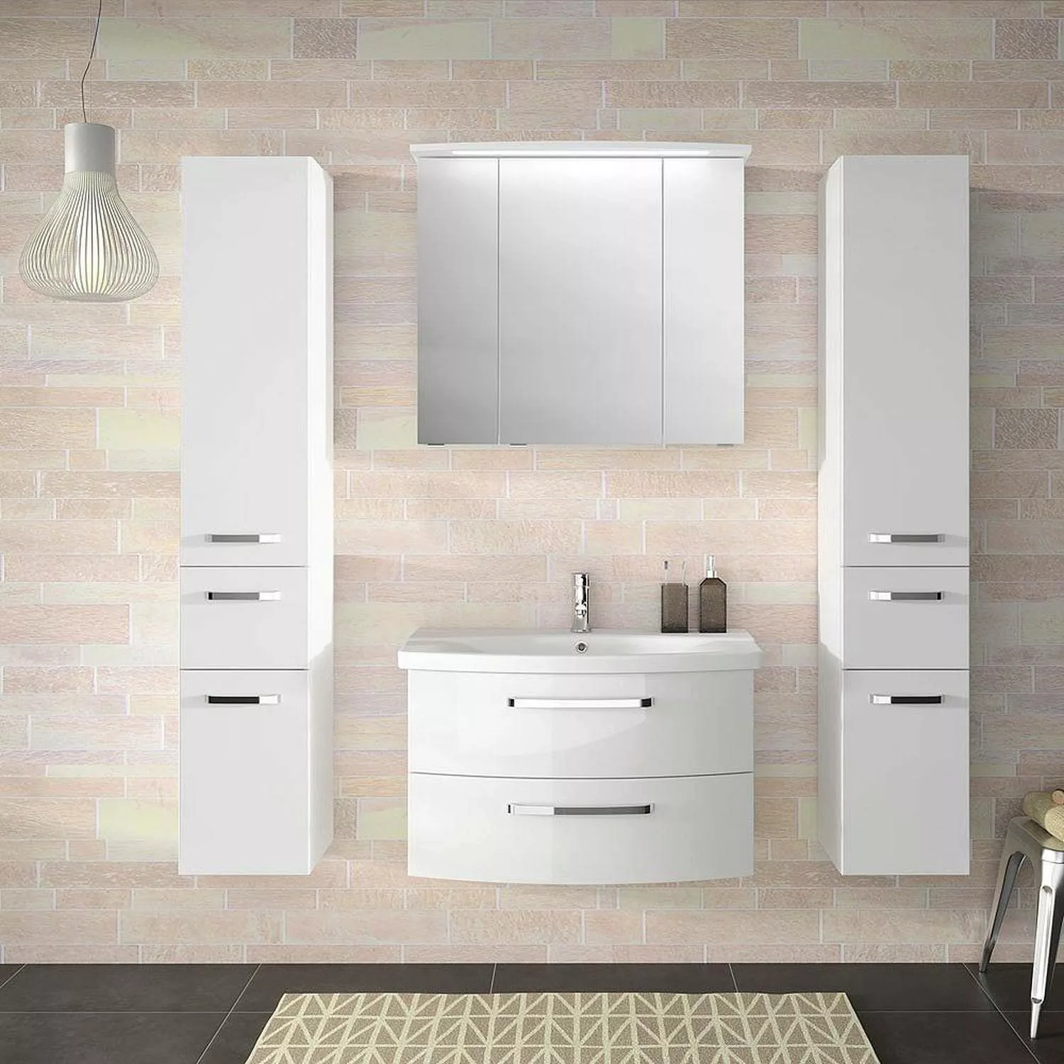 Badezimmer Set in Hochglanz weiß FES-4010-60 mit 80cm Keramik Waschtisch, S günstig online kaufen