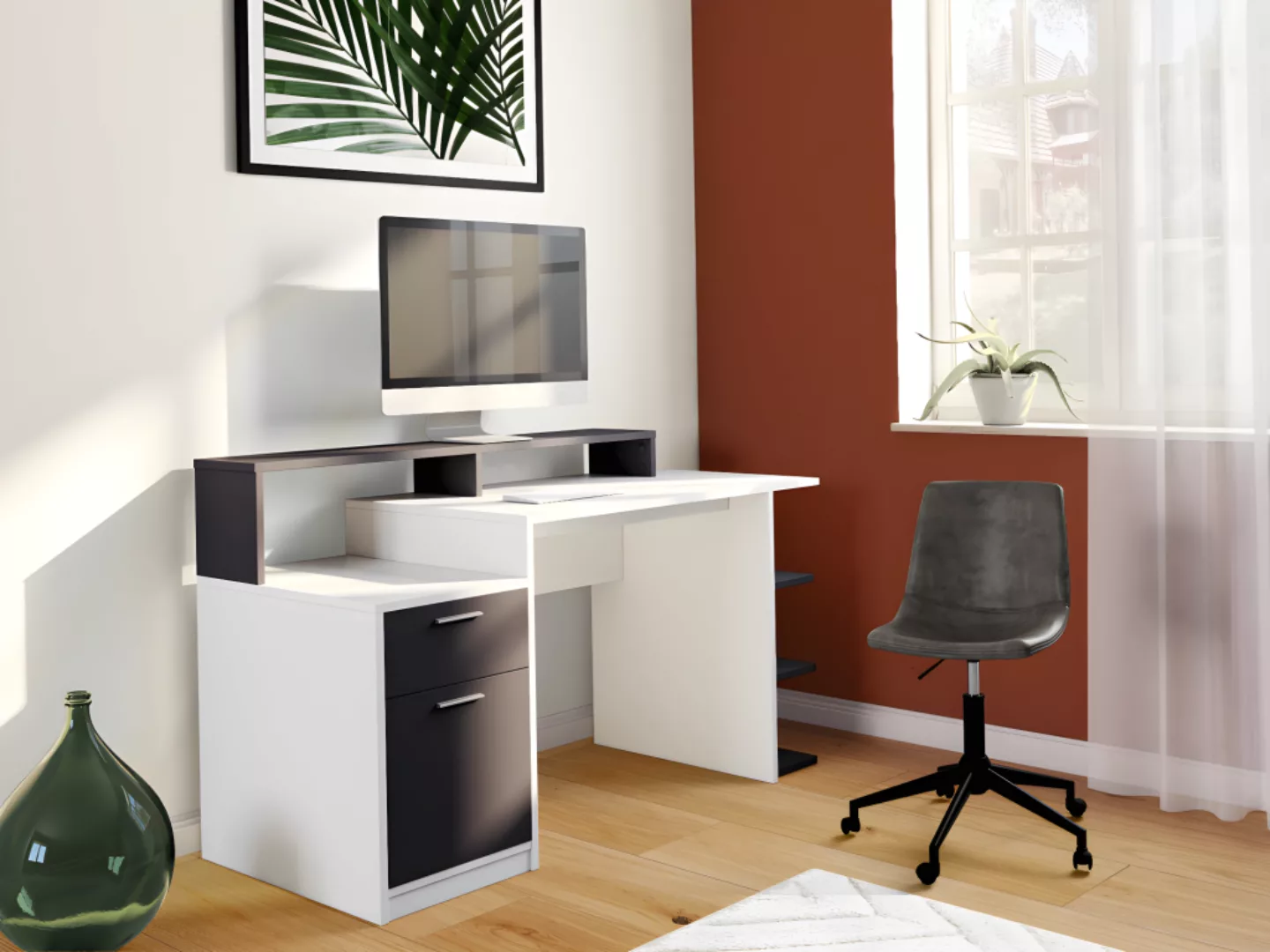 Schreibtisch mit Stauraum - Weiß & Grau - ZACHARIE günstig online kaufen
