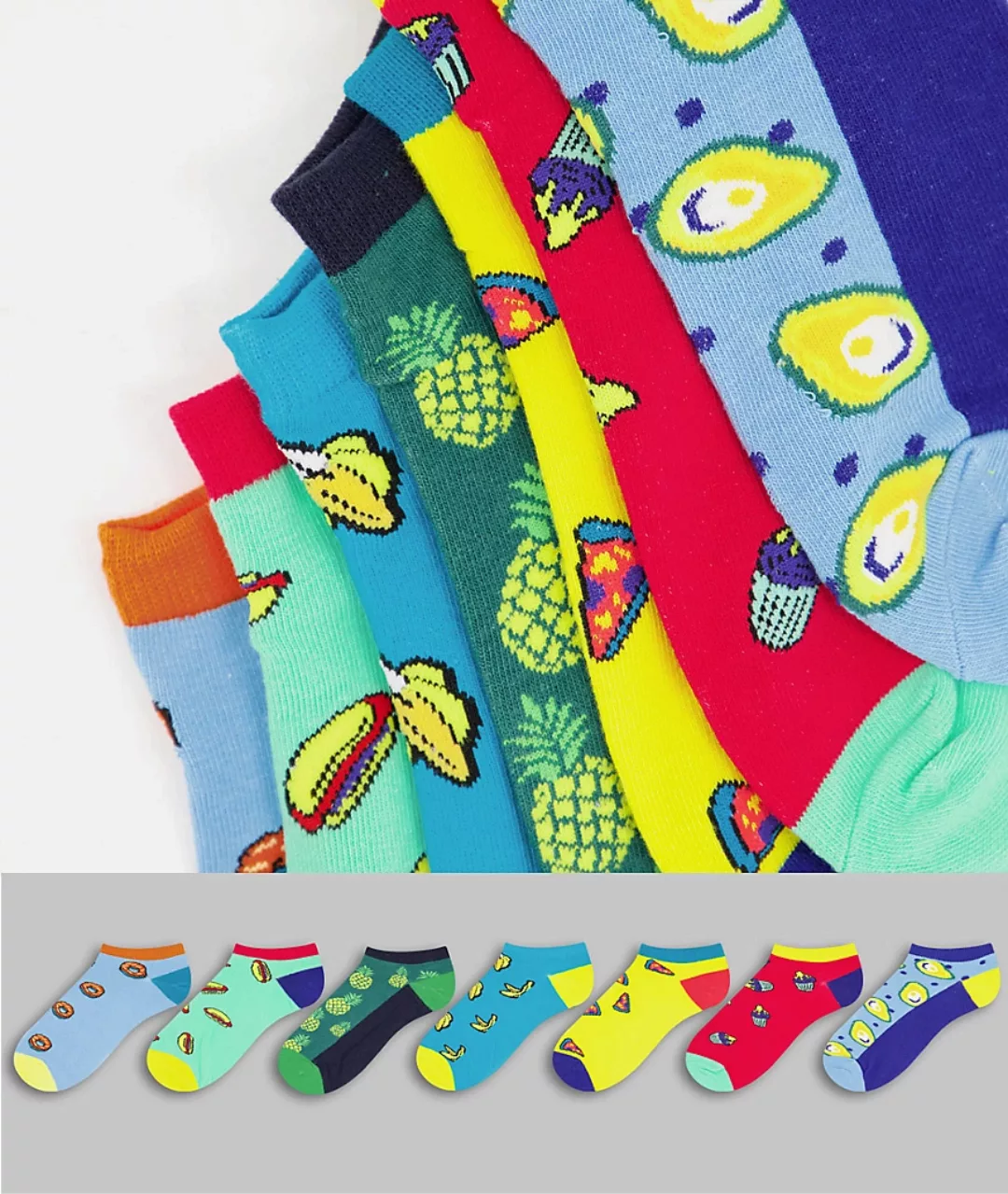 Jack & Jones – 7er-Packung Sneaker-Socken mit Lebensmittel-Print-Mehrfarbig günstig online kaufen