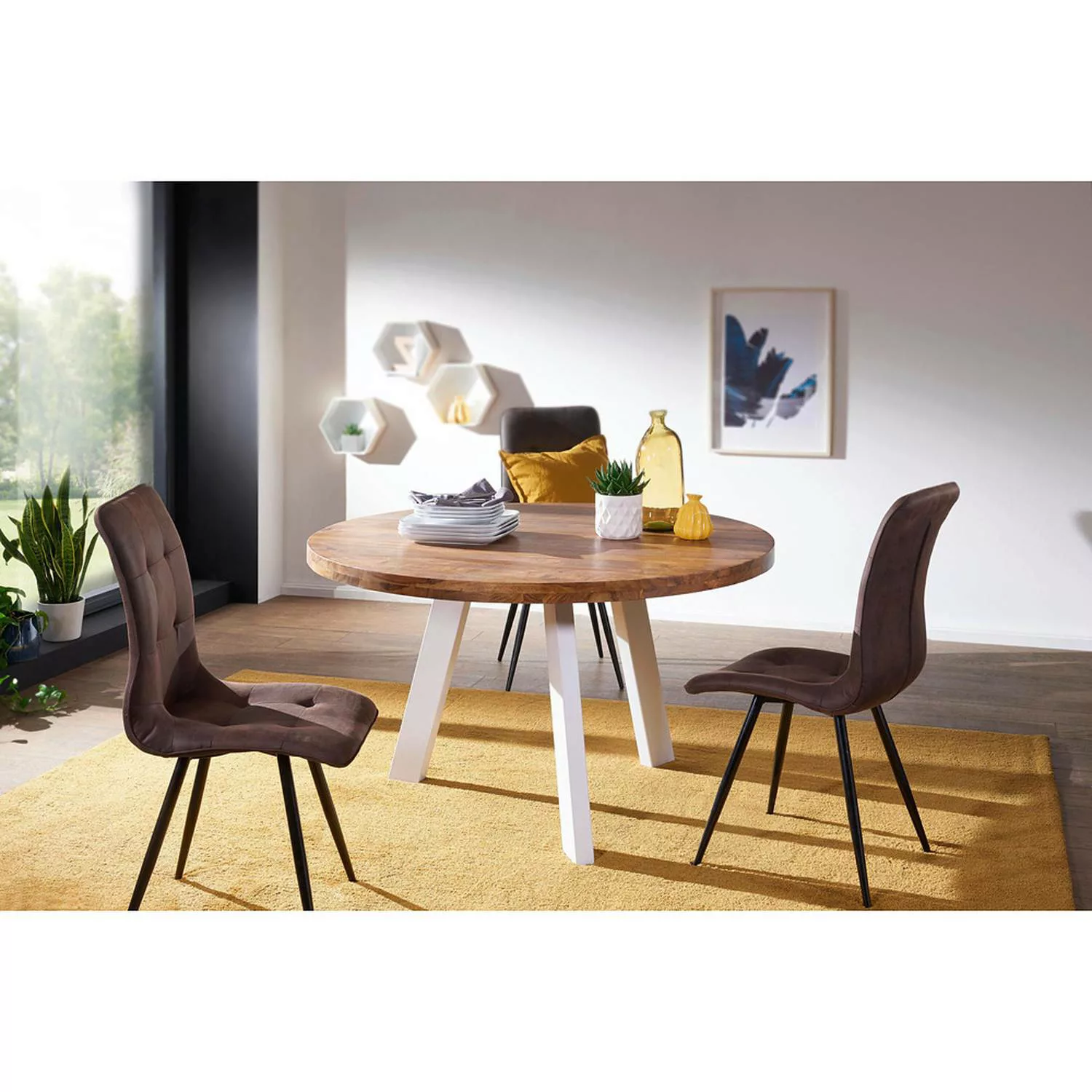 Massivholztisch Esszimmer rund Sheesham Massiv-Holz 130x130x77cm B/H/T ca. günstig online kaufen